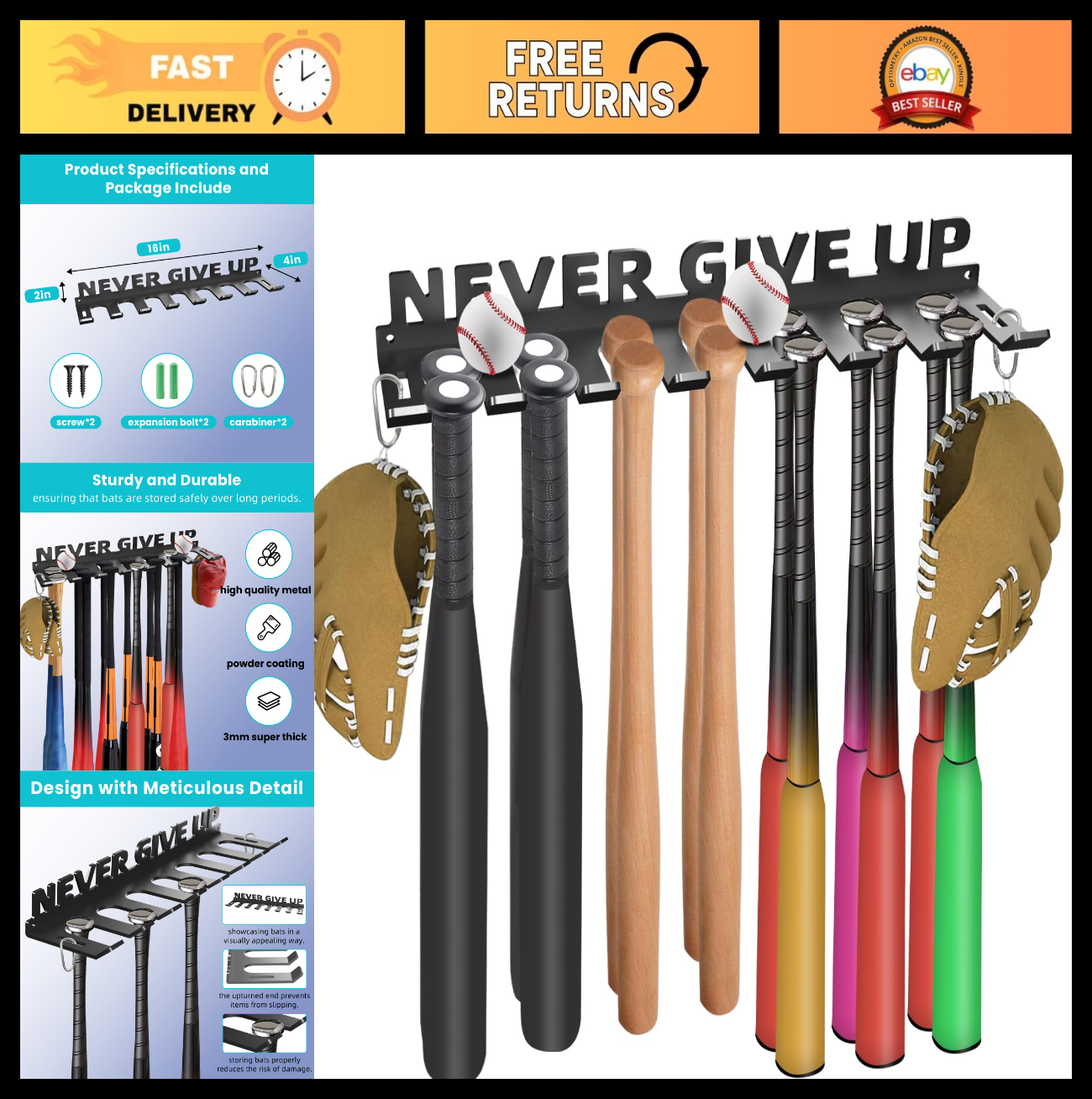 Heavy Duty Baseball Bat Holder Wall Mount   Metal Rack for 14 Bats, Softball Sto0