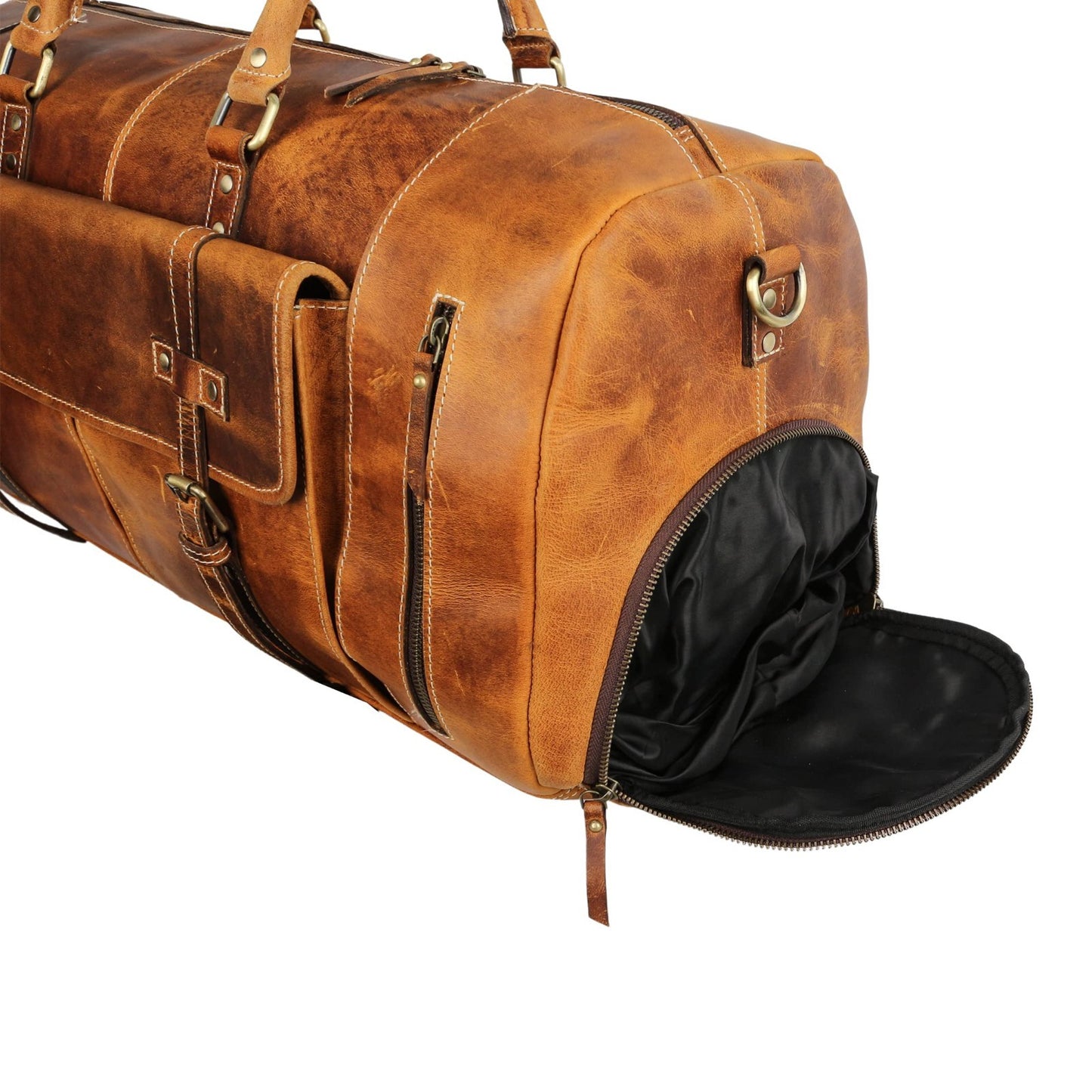Leather Duffle Bag for Travel, Overnight & Gym - 28" Distressed Tan Holdall4