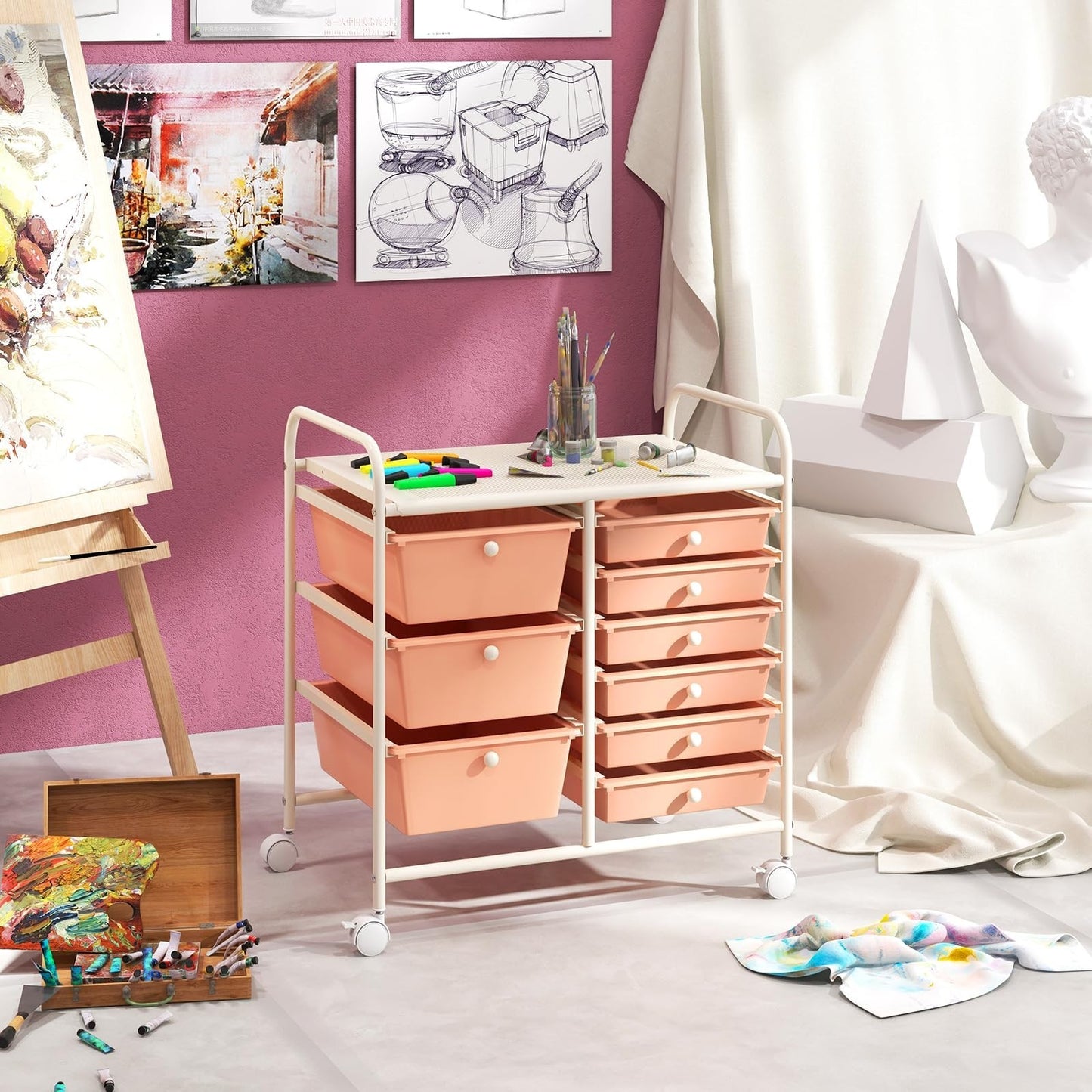 9 Drawer Rolling Storage Cart   Mobile Utility Cart with Wheels for Craft, Art &8