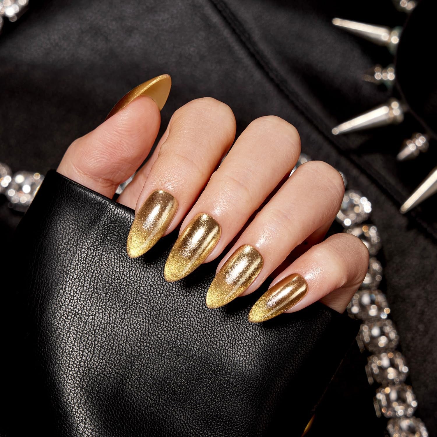 Medium Almond Press on Nails - Metallic Golden Ombre Cat Eye, Reusable 32-Piece0