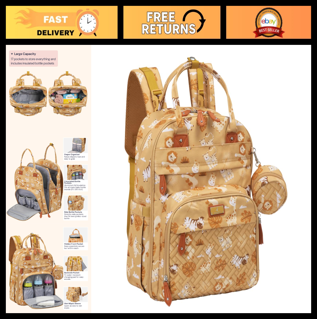 Multi Function Water Resistant Diaper Bag Backpack   Baby Travel Tote, Changing0