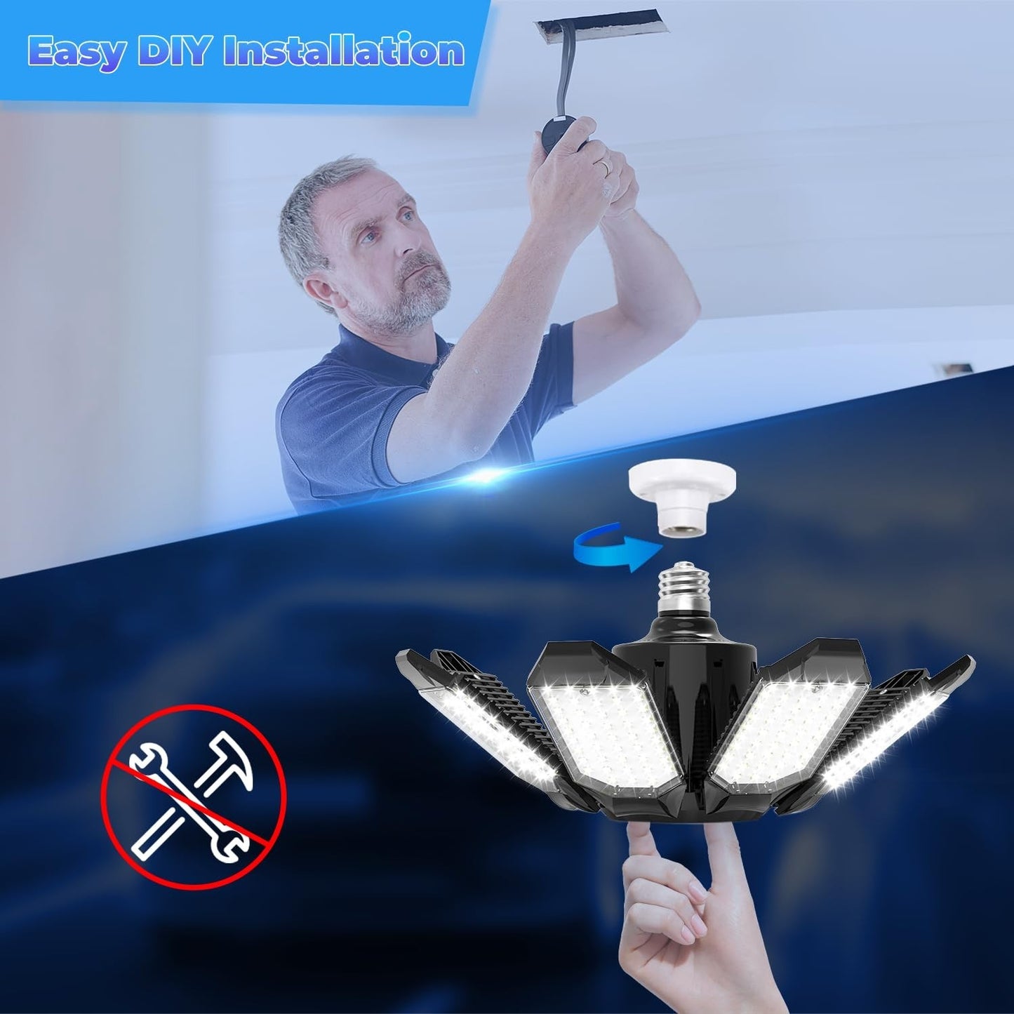 Super Bright 25000LM Garage Ceiling Lights, 8 Deformable Panels, 6500K LED, E26/4