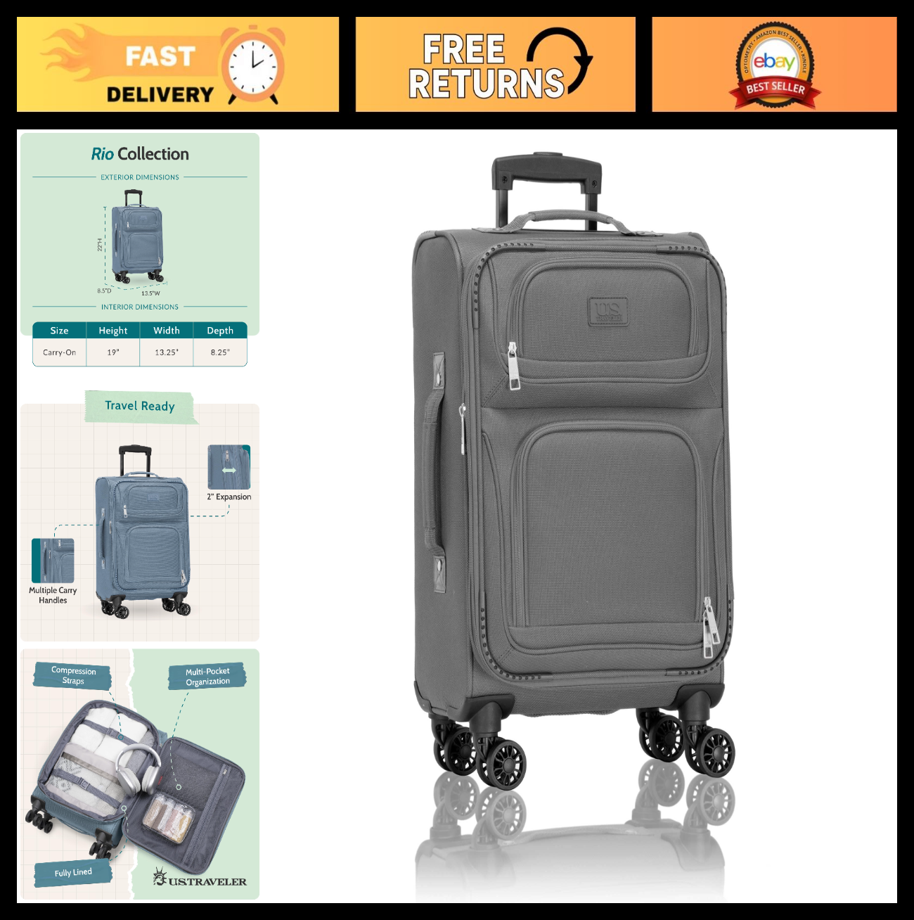 Lightweight Softside Rolling Carry-On Suitcase, 4-Wheel Travel Luggage, Gray0