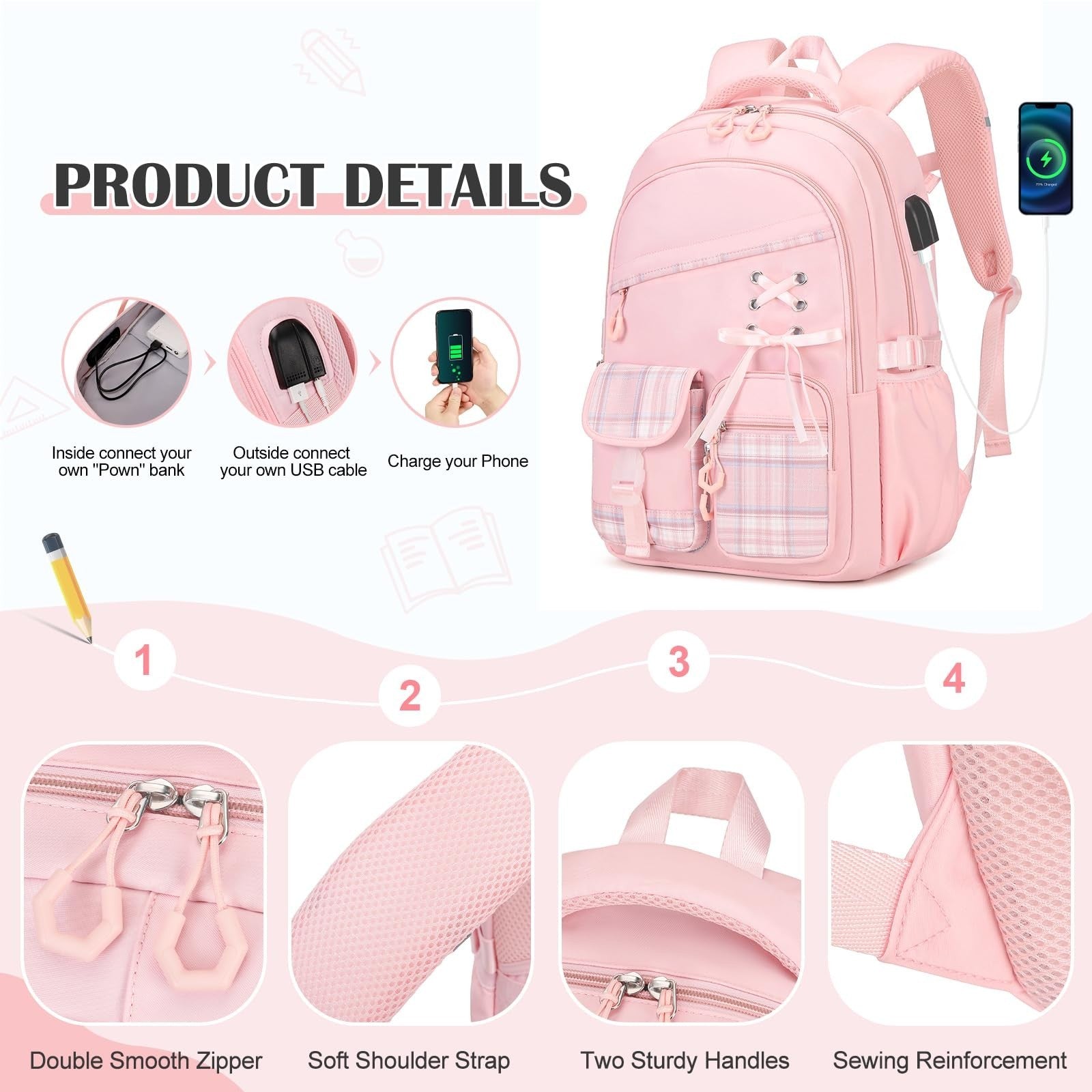 9PCS Girls Backpack Set with Lunch Bag, Pencil Case, Bento Box & Water Bottle  8