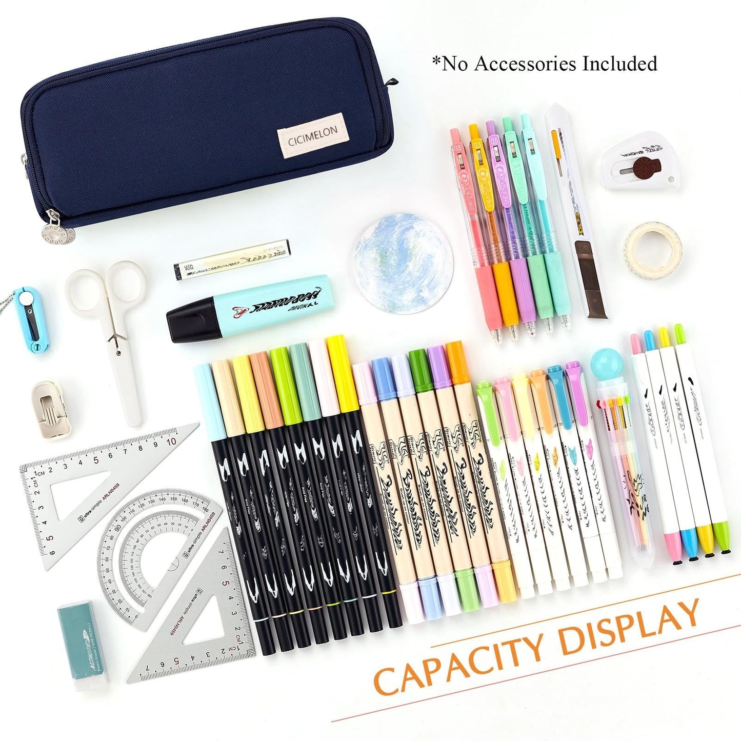 Large Capacity 3 Compartment Pencil Case Pouch Bag for School & Office   Navy3