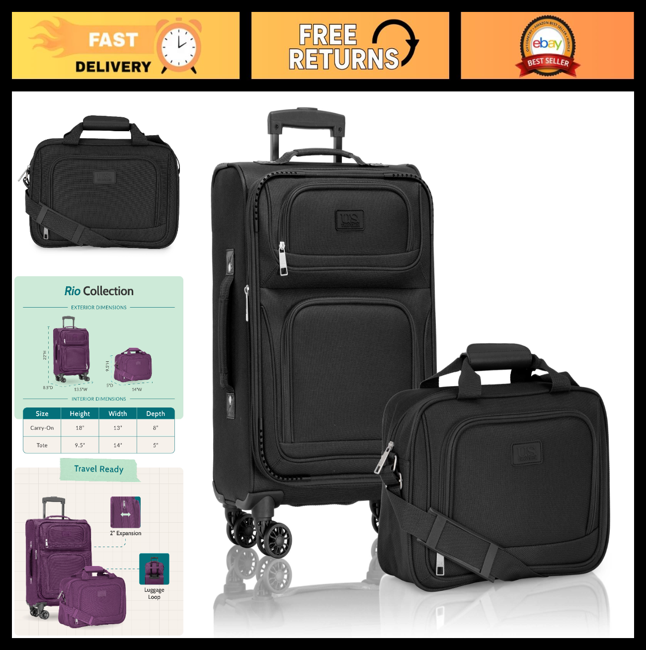Lightweight Softside Rolling Carry-On Suitcase, 4-Wheel Travel Luggage Set, Blac0