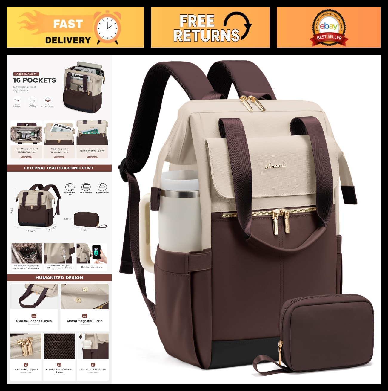 Stylish Women's Laptop Backpack with USB Port & Tumbler Holder, 15.6" Waterproof0