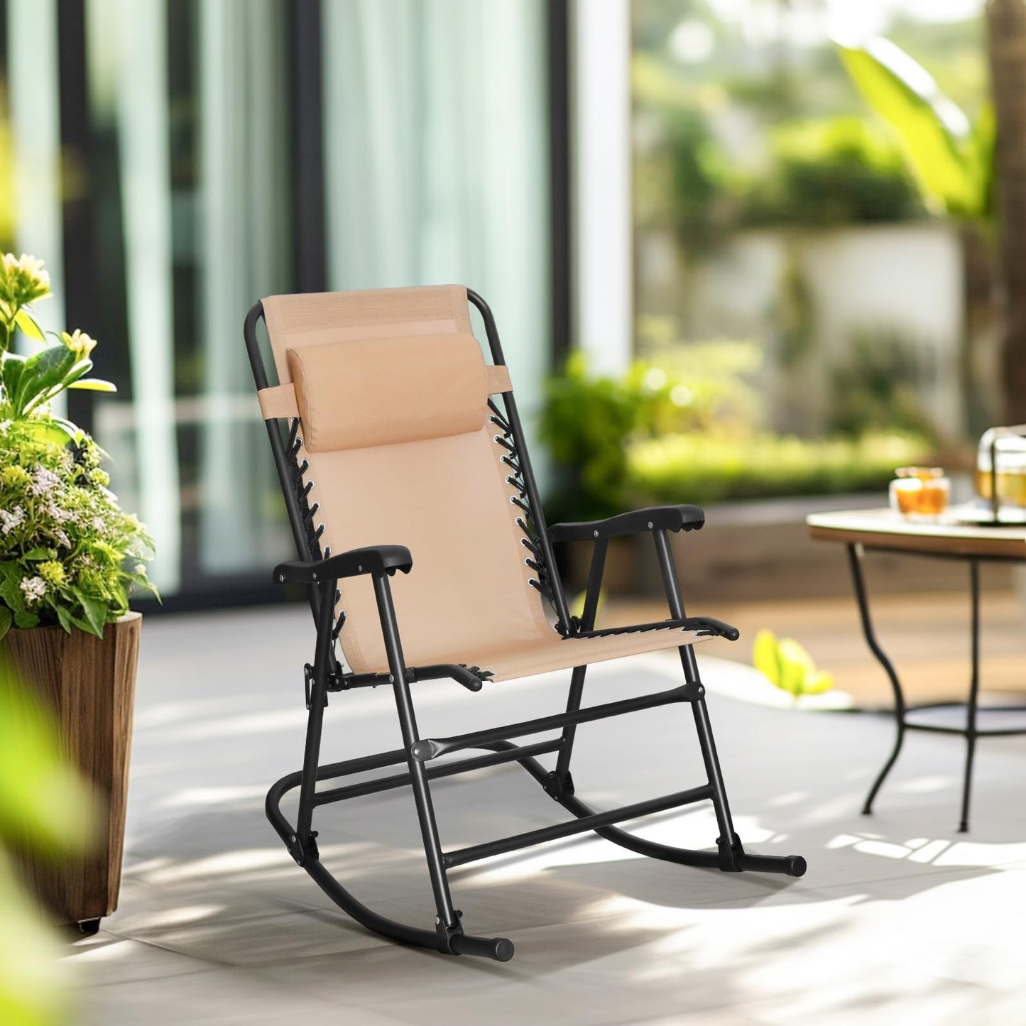 Outdoor Portable Folding Rocking Chair with Headrest, Ergonomic, Weather Resista2