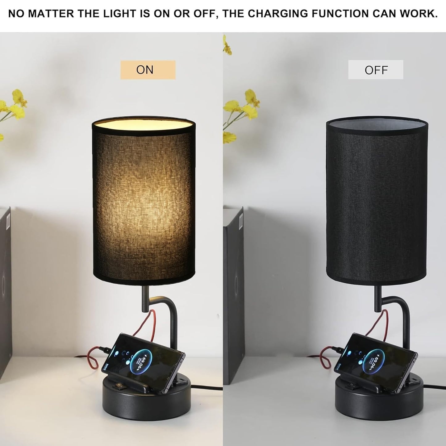Modern Table Lamp with 3 USB Ports & AC Outlet, Bedside Desk Light, 2 Pack, Blac4