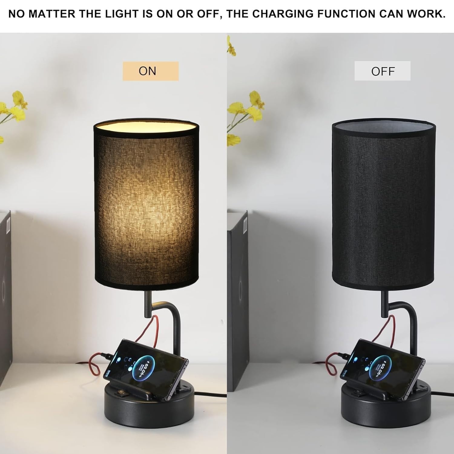 Modern Table Lamp with 3 USB Ports & AC Outlet, Bedside Desk Light, 2 Pack, Blac4