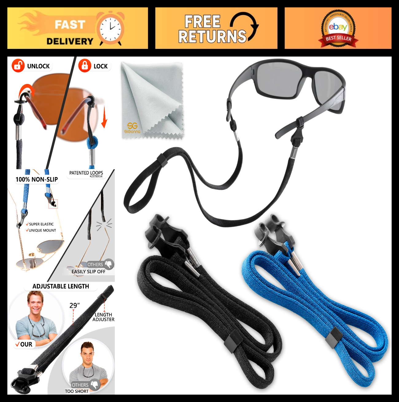 Eyeglass Holder Strap - Adjustable Eyewear Lanyard for Men & Women - 2 Pcs (Blac0