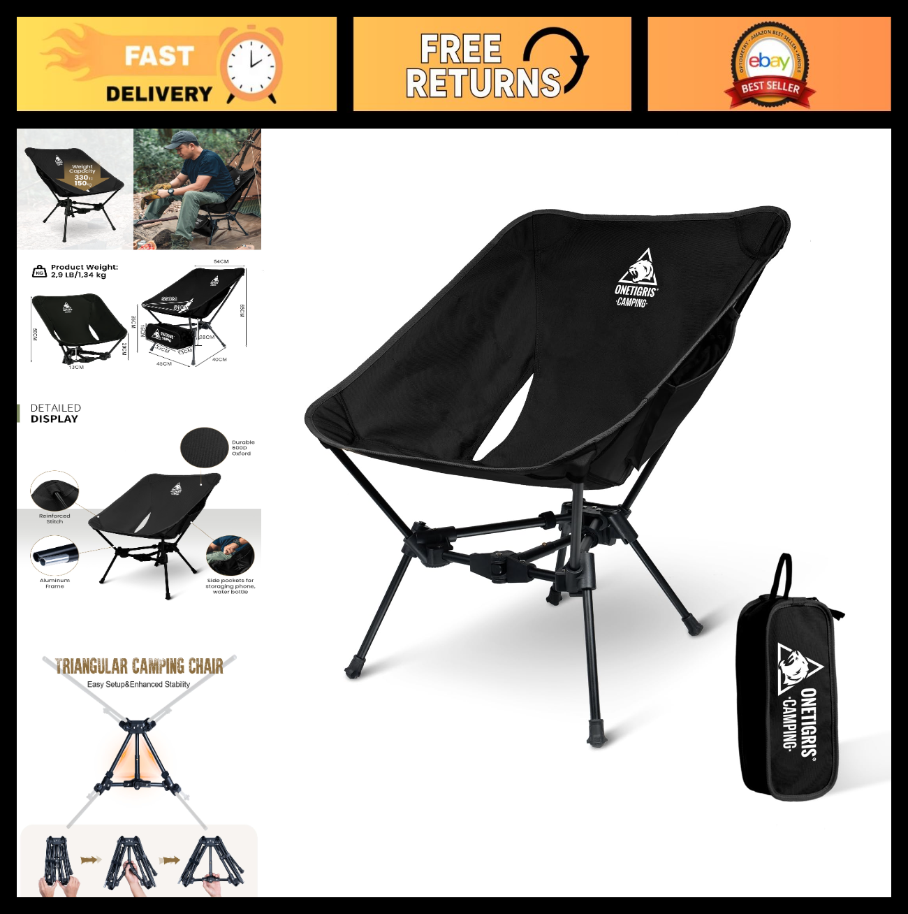 Lightweight Folding Camping Chair - Portable Backpacking Chair, 330 lbs Capacity0