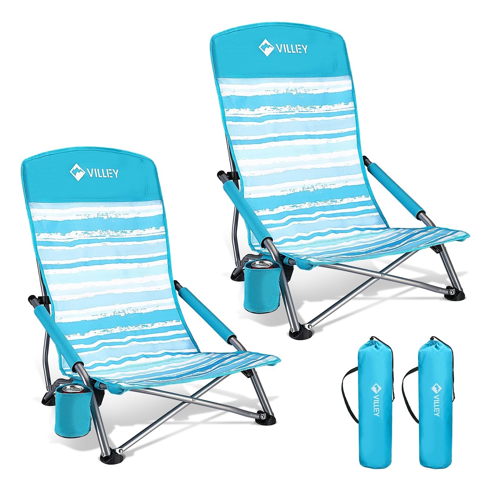 2 Pack Lightweight Folding Beach Chairs - High Back, Portable with Cup Holder -1