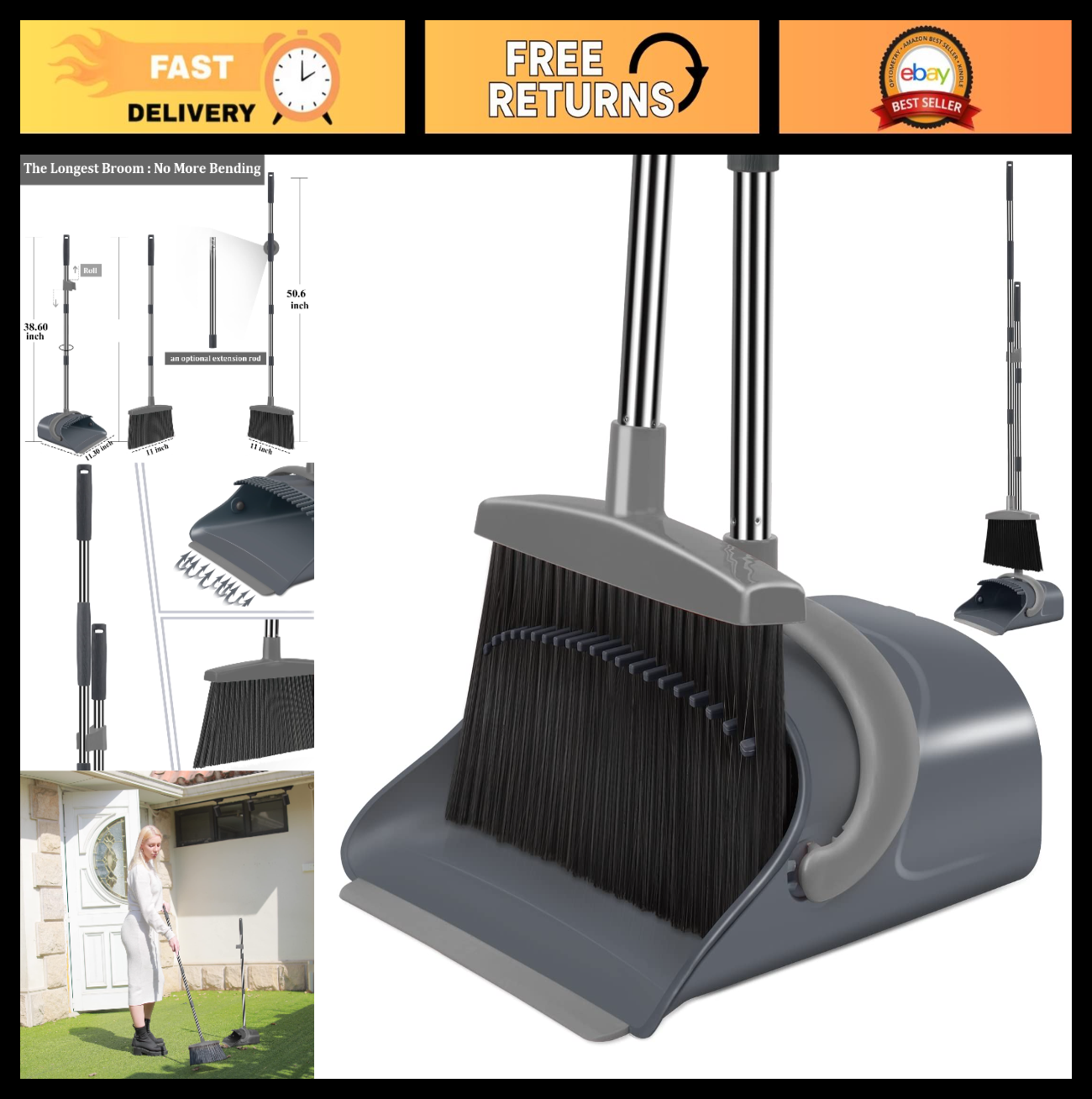 Broom and Dustpan Set with Long Handle - Indoor/Outdoor Cleaning Tool Combo0