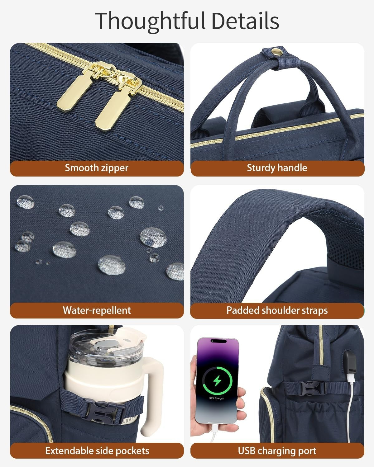Stylish Laptop Backpack for Women   USB Charger, Cup Holder, Travel Bookbag, Nav4