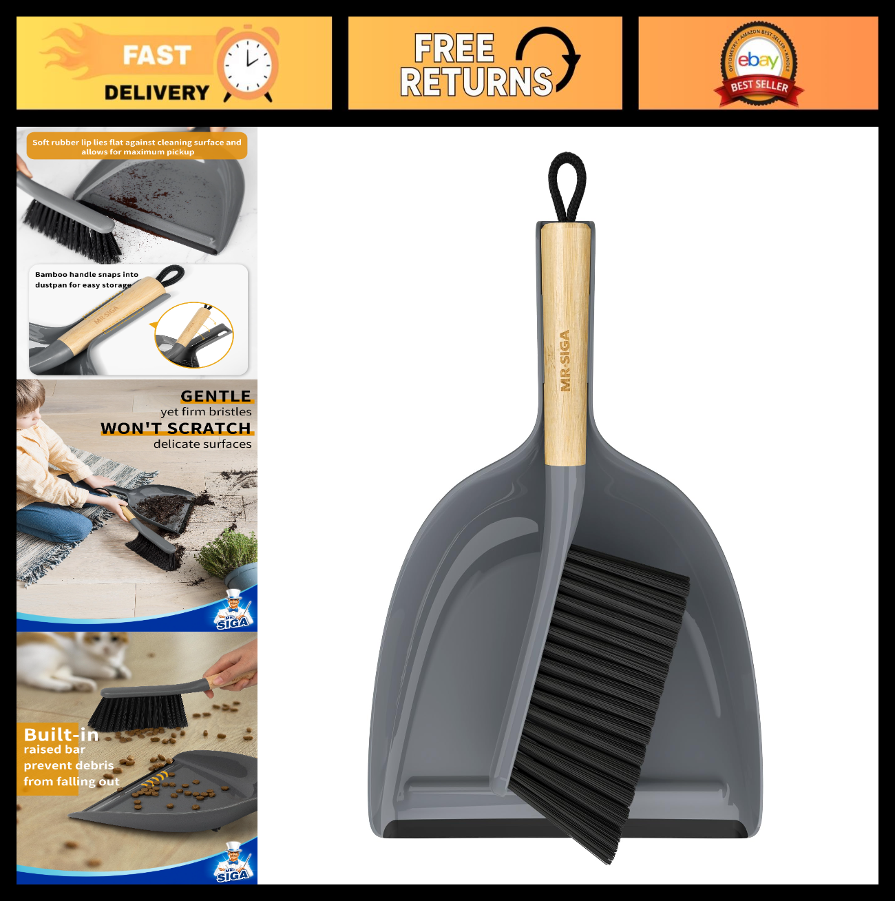 Dustpan and Brush Set with Bamboo Handle, Handheld Broom Combo, Gray, Small Size0