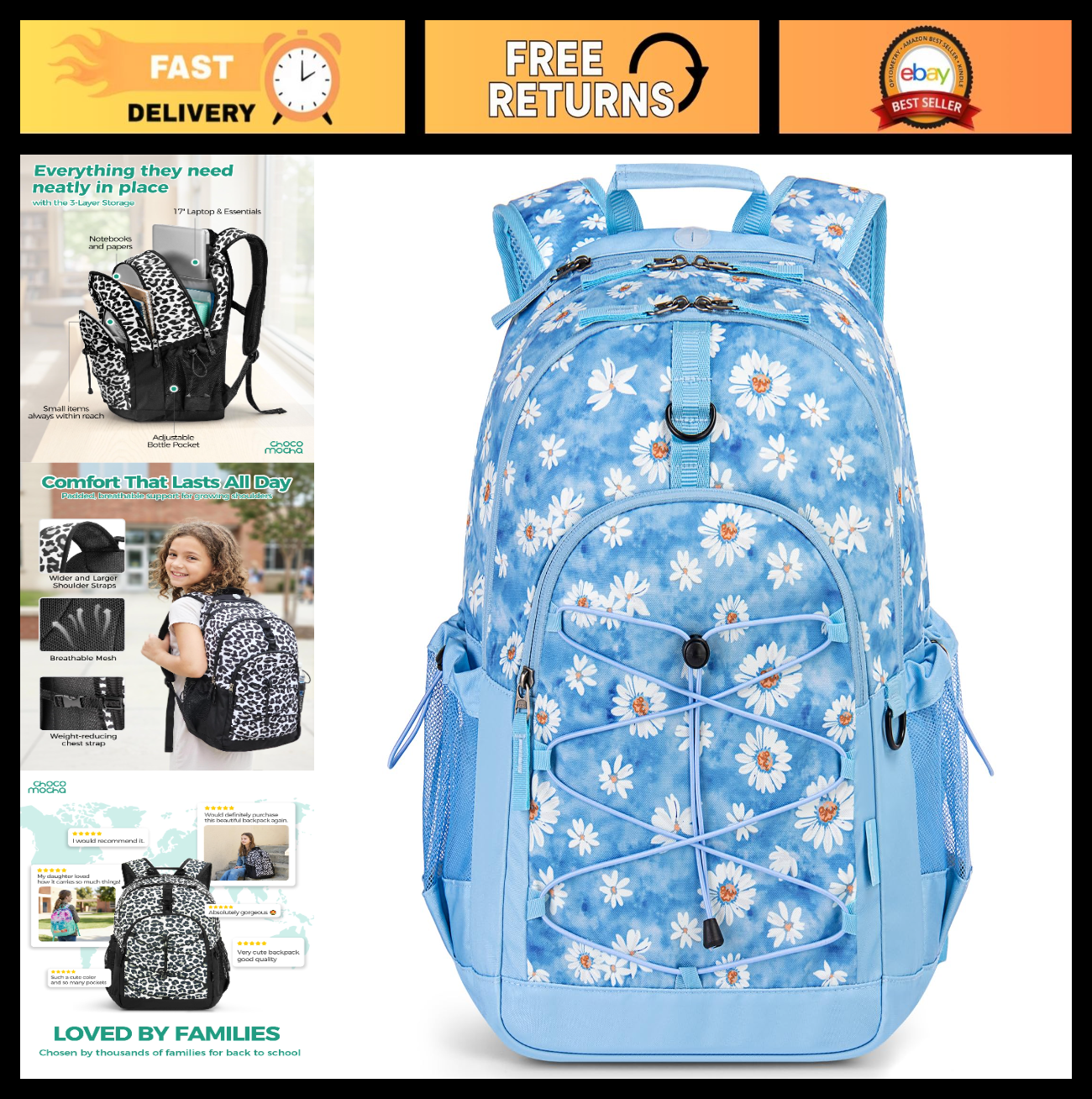 Large 18 Inch Travel Backpack for Teen Girls   Stylish School Bookbag, Blue0