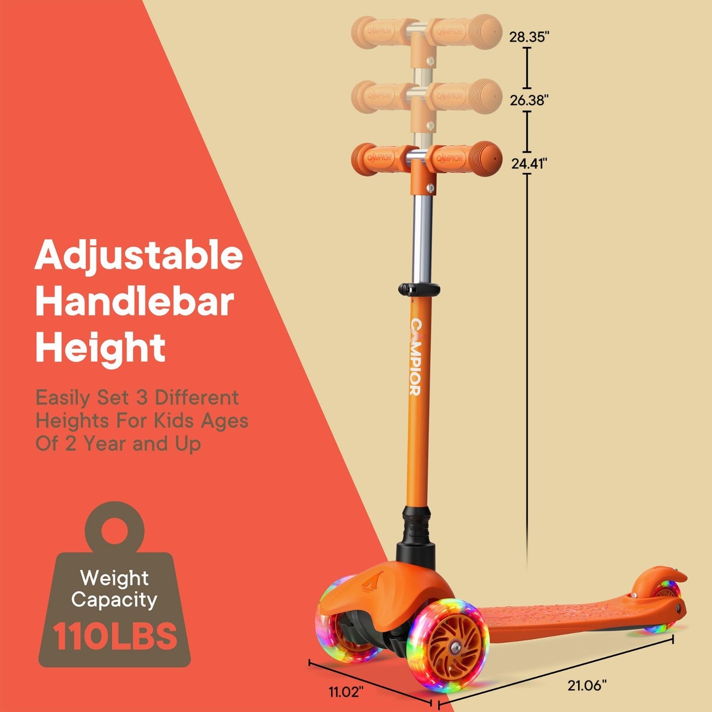 Orange Mini 3-Wheel Kids Scooter - Lean-to-Steer, LED Wheels, Adjustable Handleb6