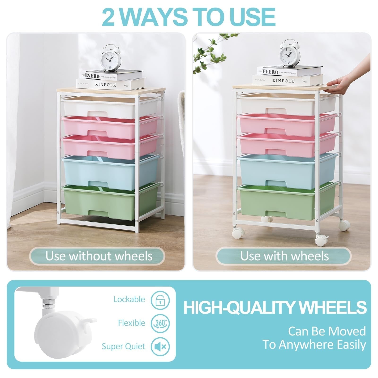 5 Drawer Utility Cart with Wooden Top, Rolling Storage Trolley with Lockable Whe4