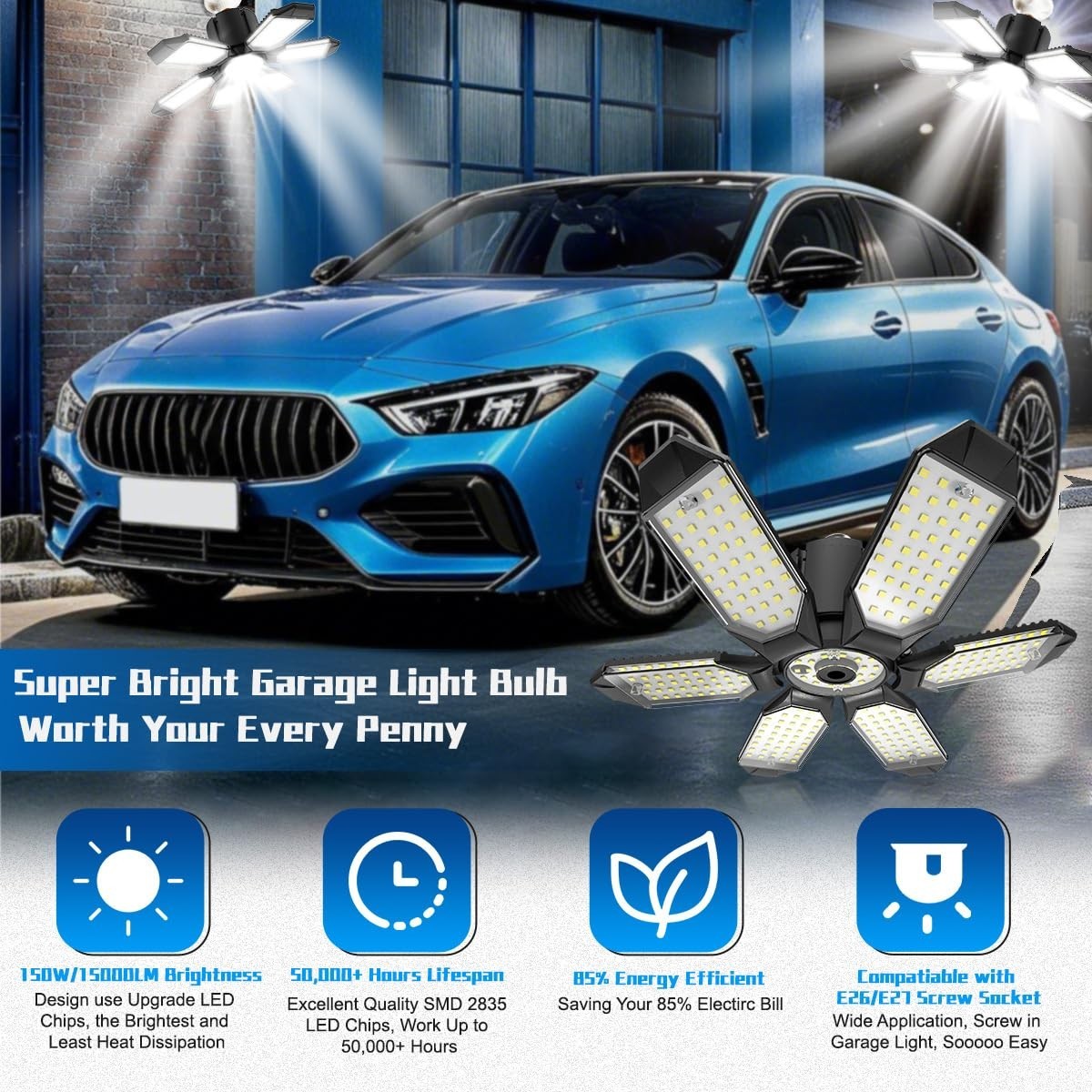 LED Garage Light Bulbs   6 Deformable Panels, 6500K Bright Shop Lights, E26 Base2