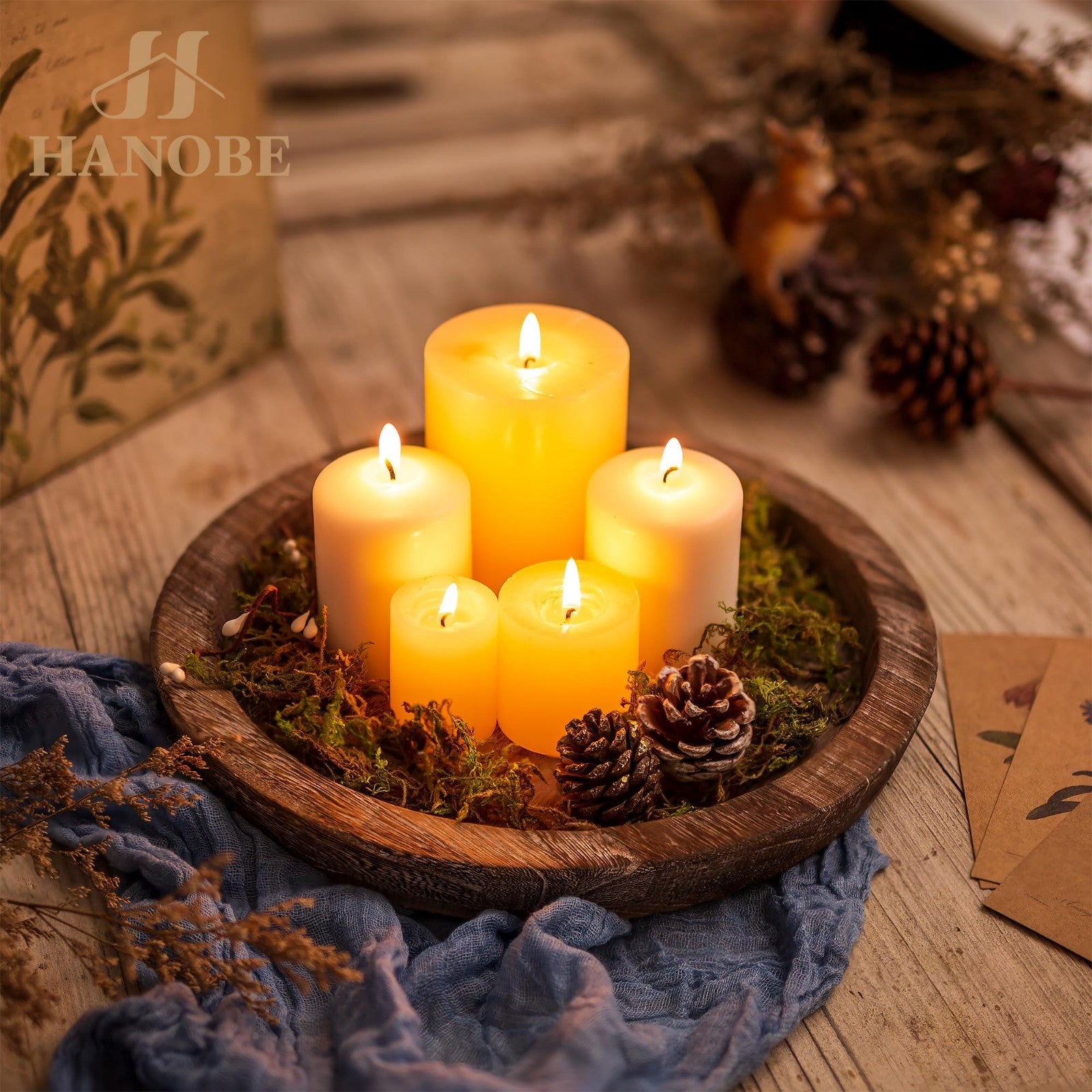 Rustic Wooden Coffee Table Tray - Round Decorative Serving Plate & Candle Holder2