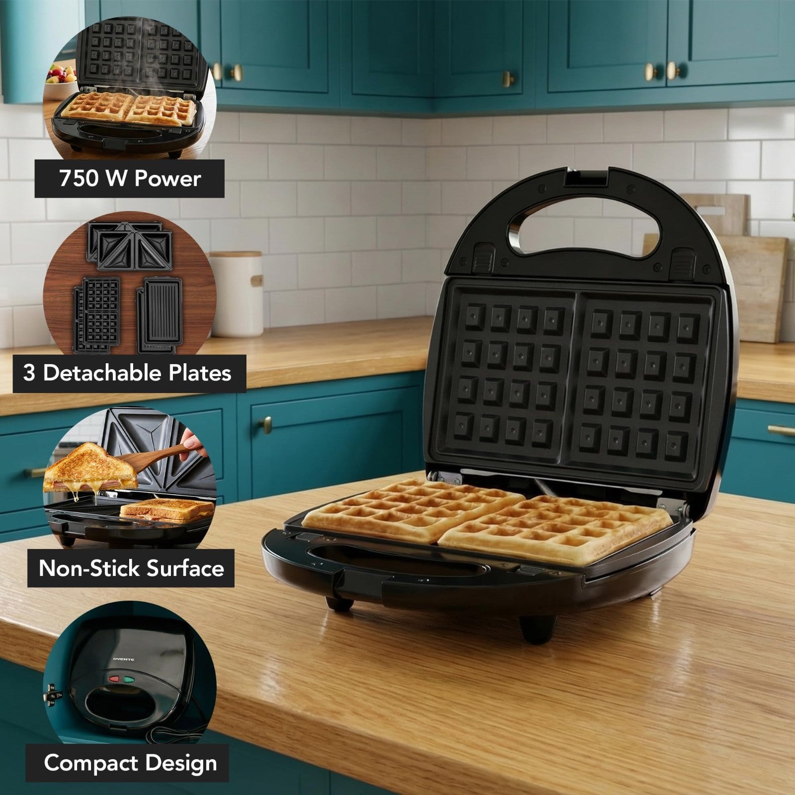 Electric Sandwich & Waffle Maker Set - 3 Non-Stick Plates, 750W, Versatile Grill3