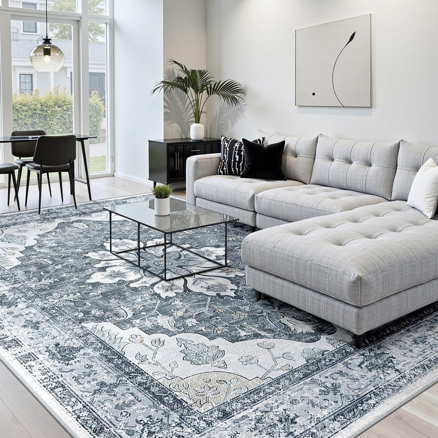 Washable 8'x10' Area Rug   Non Slip, Water Repellent, Pet Friendly, Vintage Flor1