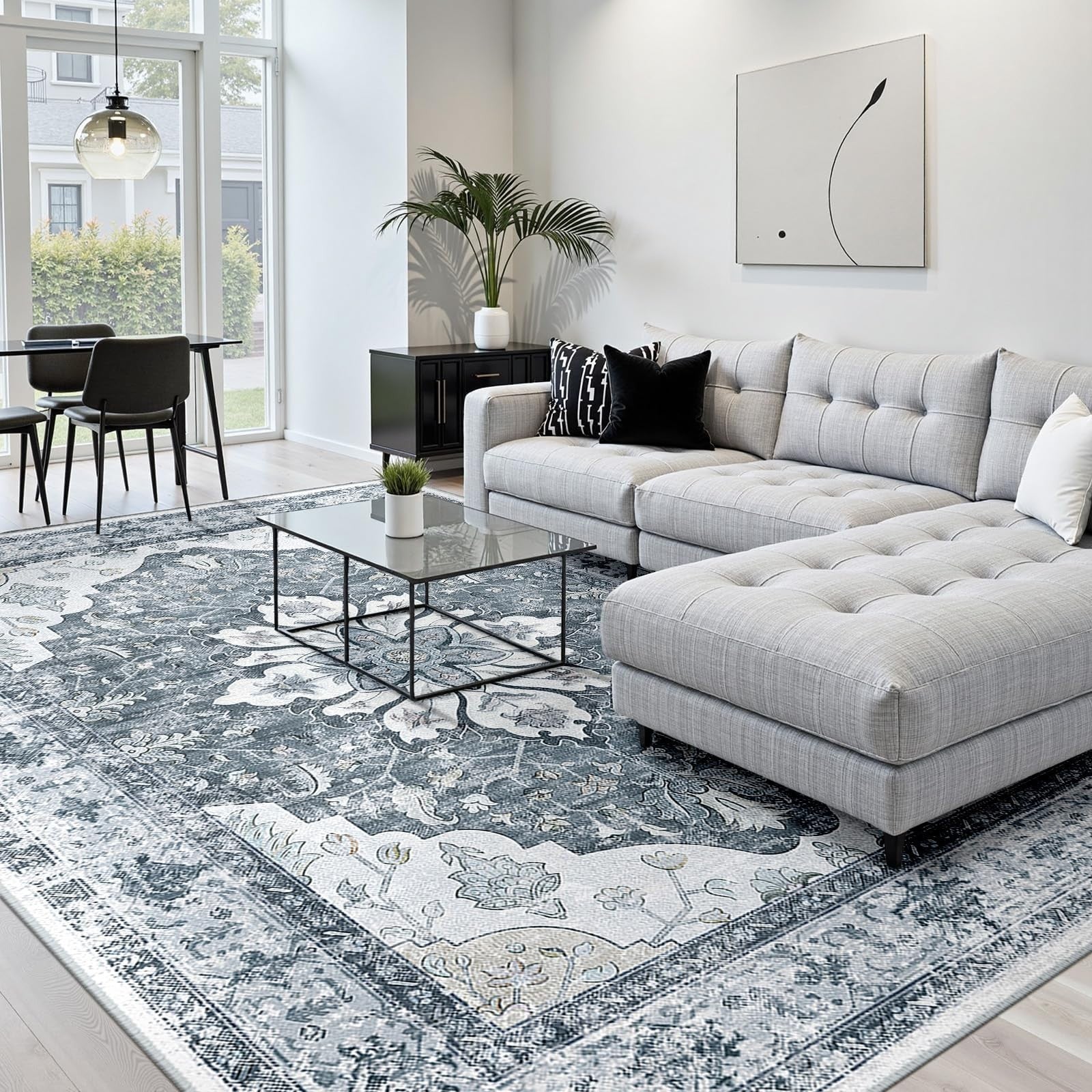 Washable 8'x10' Area Rug   Non Slip, Water Repellent, Pet Friendly, Vintage Flor1