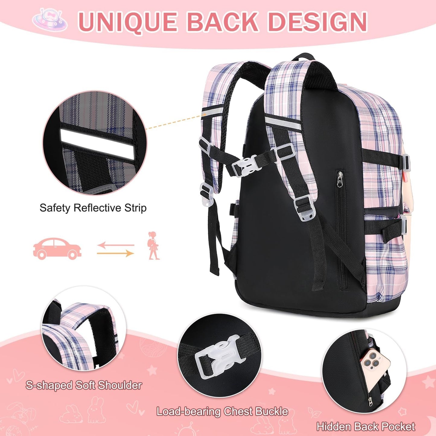 Kawaii Bunny Girls Backpack Set 3PCS   School Bag with Lunch Box & Pencil Case,3