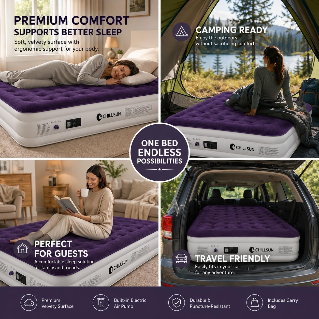 18" Raised Full Air Mattress with Built in Pump, Flocked Top Inflatable Bed for4