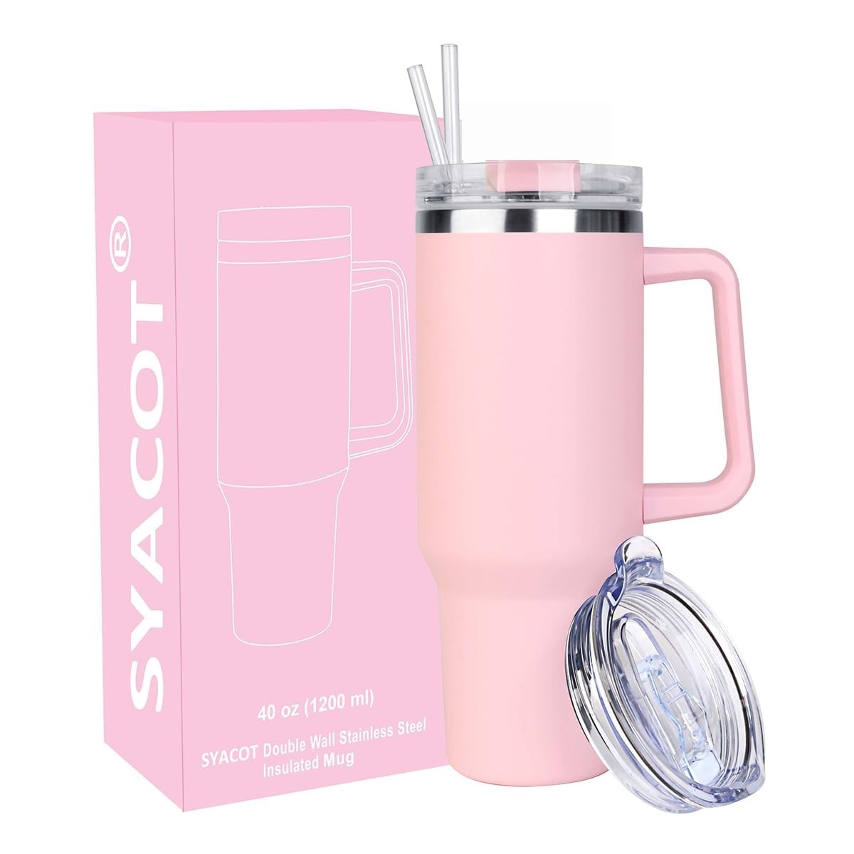 40 oz Insulated Tumbler with Handle & Straw   Leak Proof, Travel Mug, Hot/Cold C0