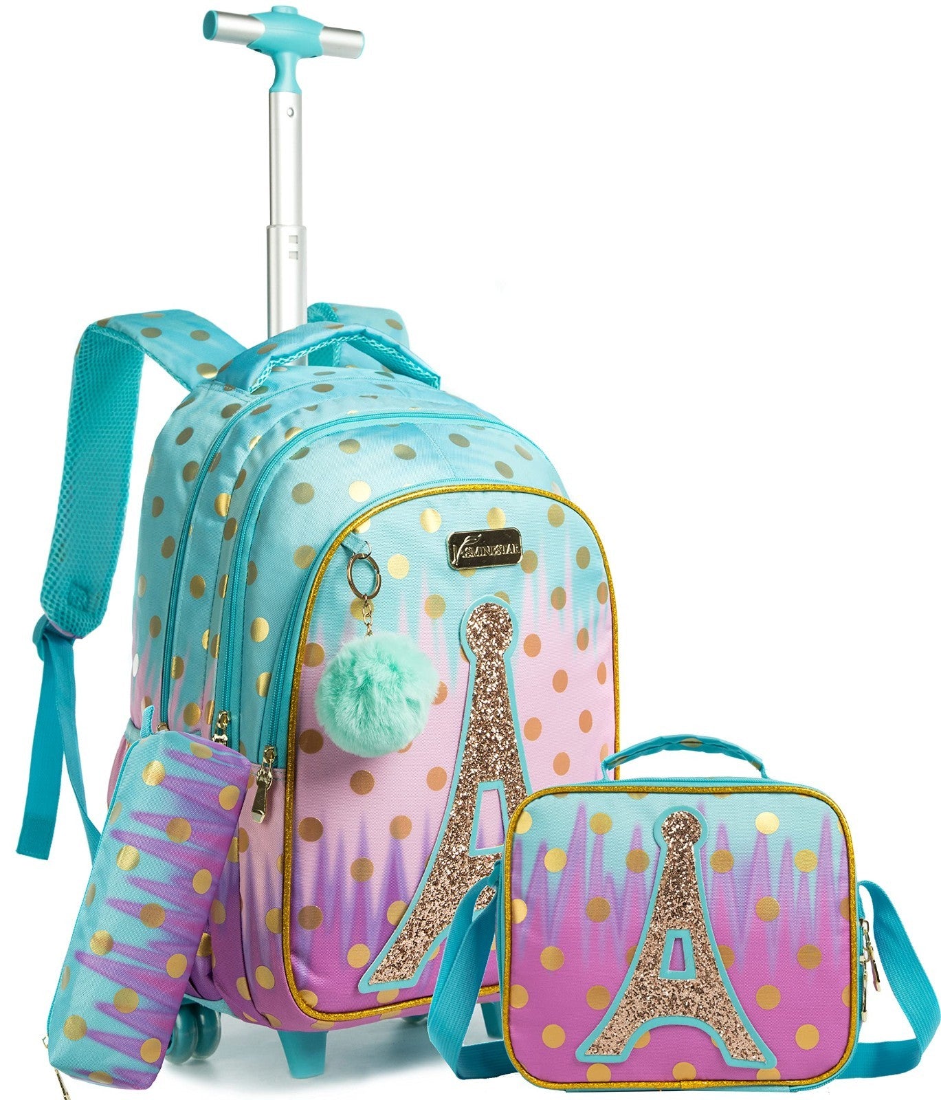 Rolling Backpack for Girls with Wheels   Trolley Luggage & Lunch Box for School1