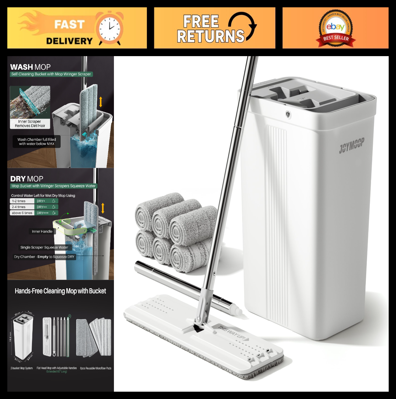 Mop and Bucket Set for Home & Commercial Use, Flat Mop with Long Handle & 6 Micr0