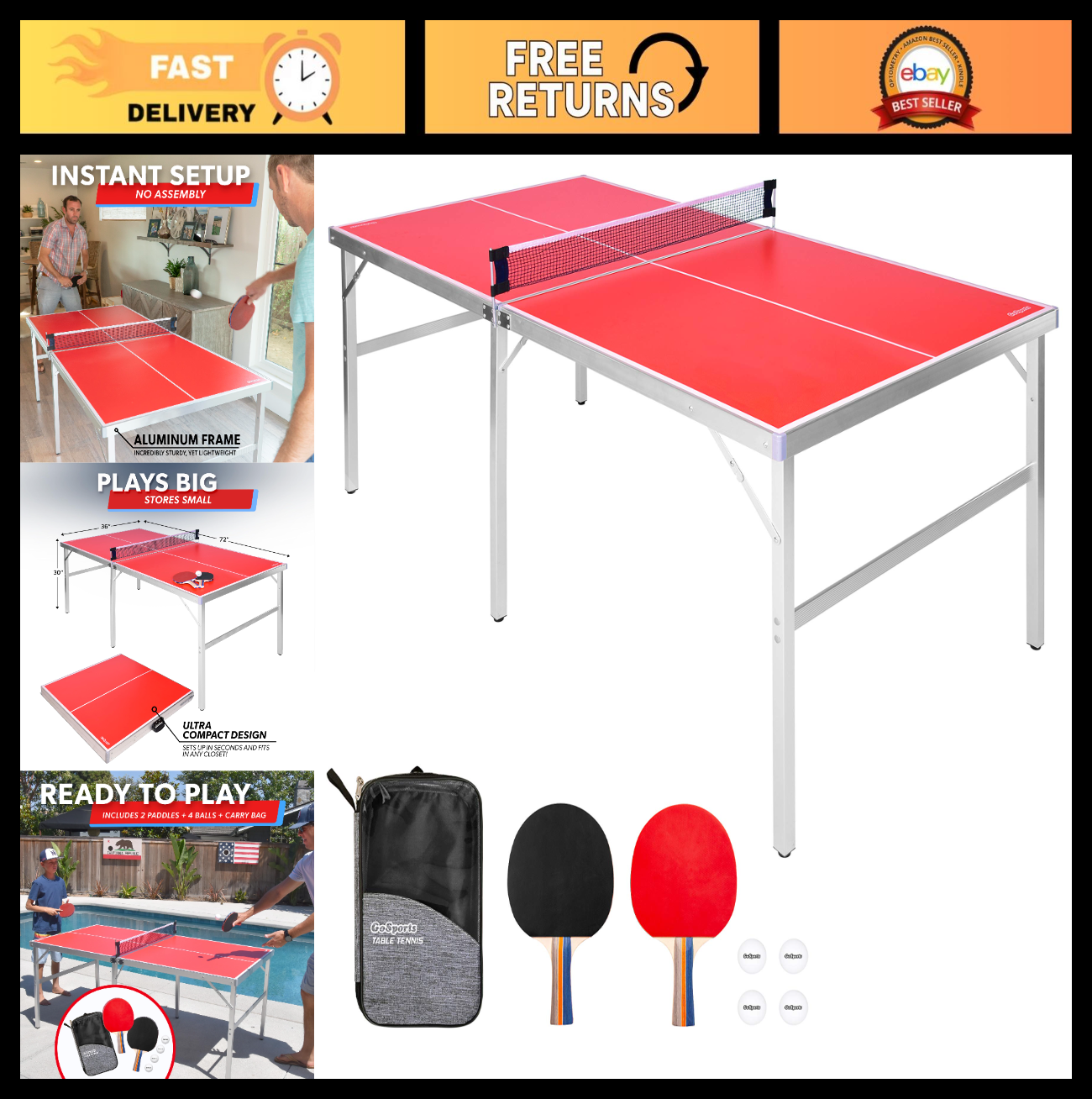 Portable Indoor/Outdoor Table Tennis Set - 2 Paddles, 4 Balls, Net - Red/Blue0