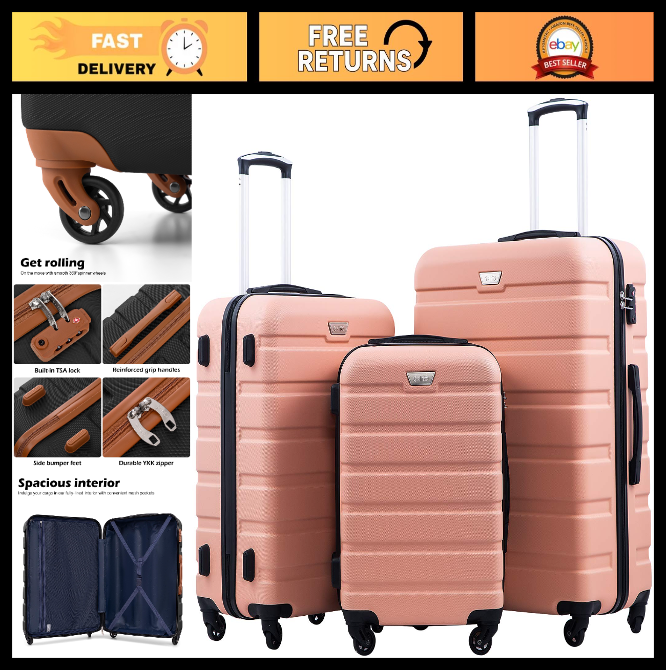 Lightweight 3-Piece Hardshell Luggage Set, Sakura Pink, 360° Spinner Wheels, TSA0