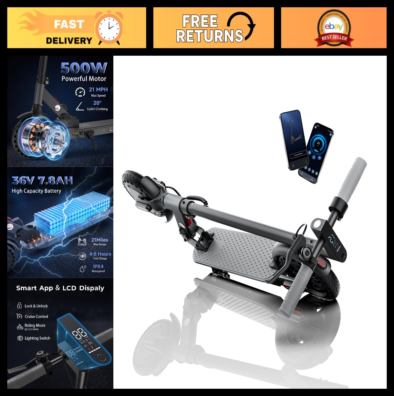 High-Power Electric Scooter for Adults & Teens, 1200W/1000W/500W Motor, 10''/8.50