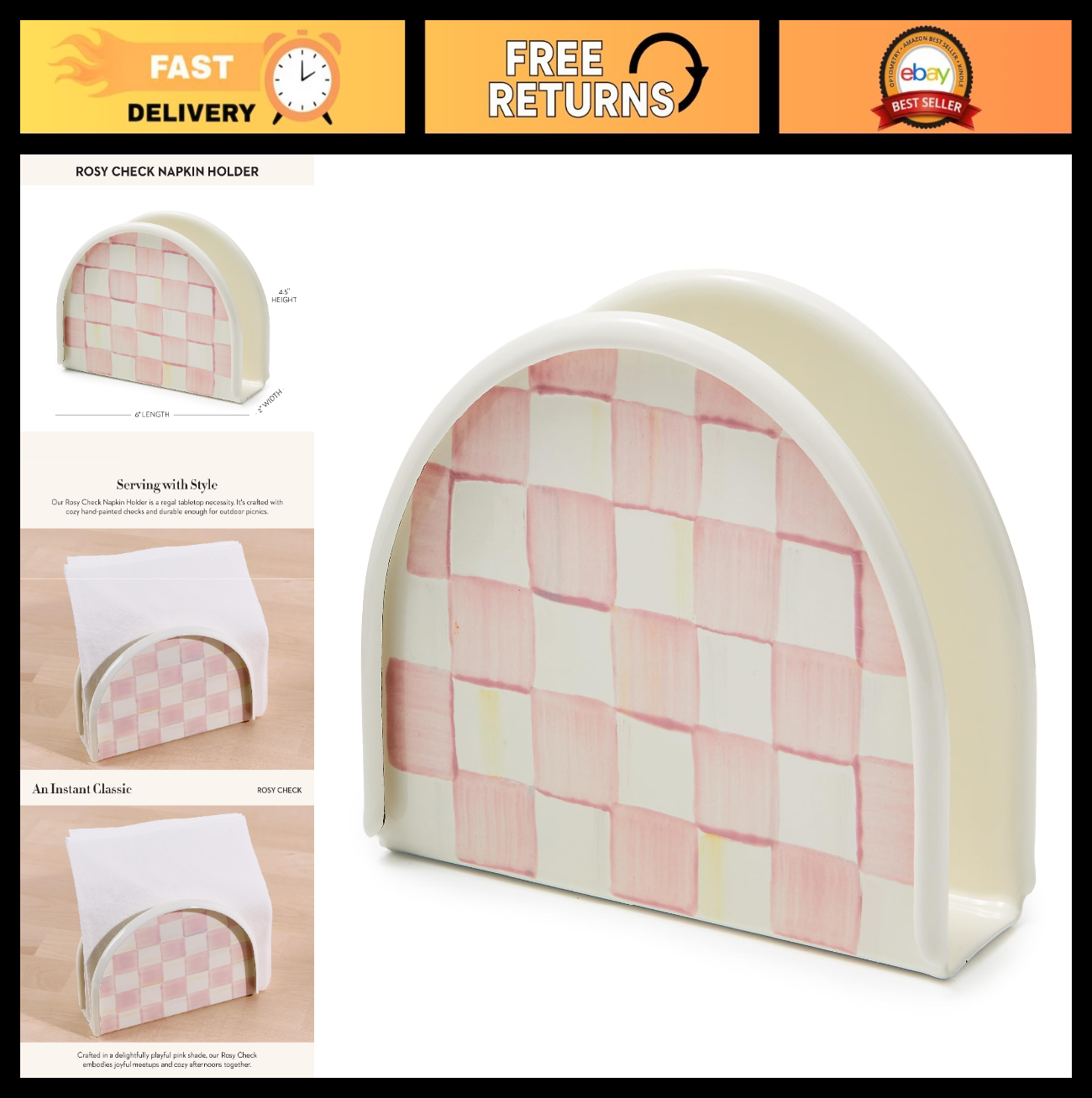 Optimized eBay Title:  "Stylish Pink-and-White Enamel Napkin Holder for Kitchen0