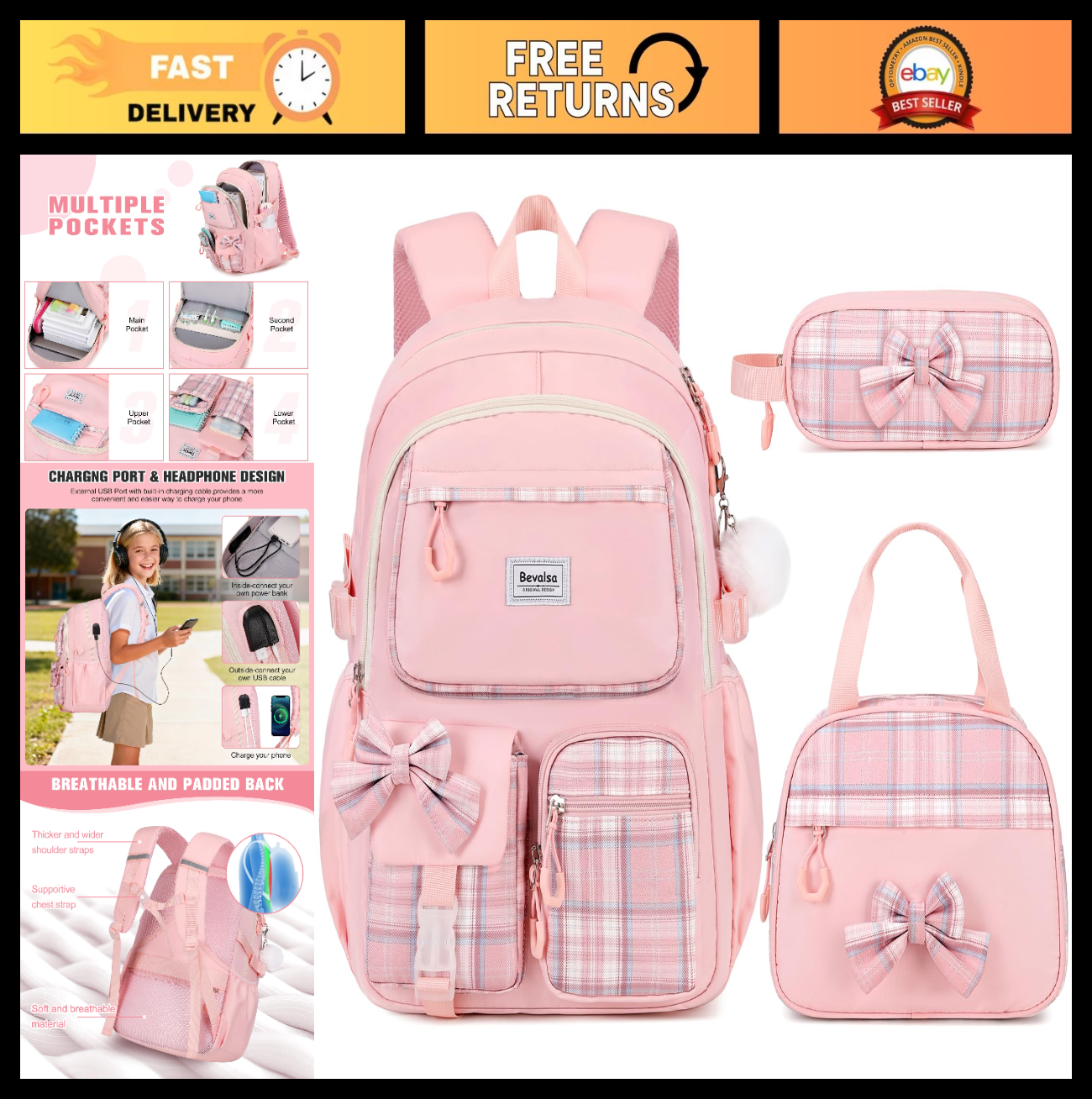 Cute Bow Backpack for Girls, School Bag Set with Lunch Bag & Pencil Case0