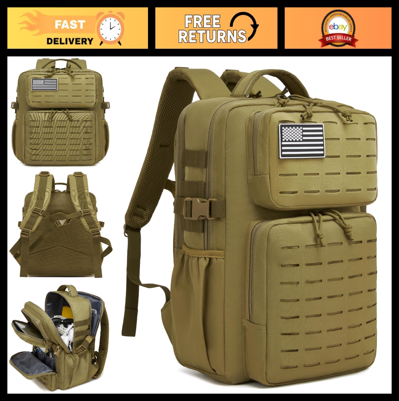 Waterproof Military Tactical Backpack 25L, 3 Day Assault Pack, MOLLE Design, Bla0