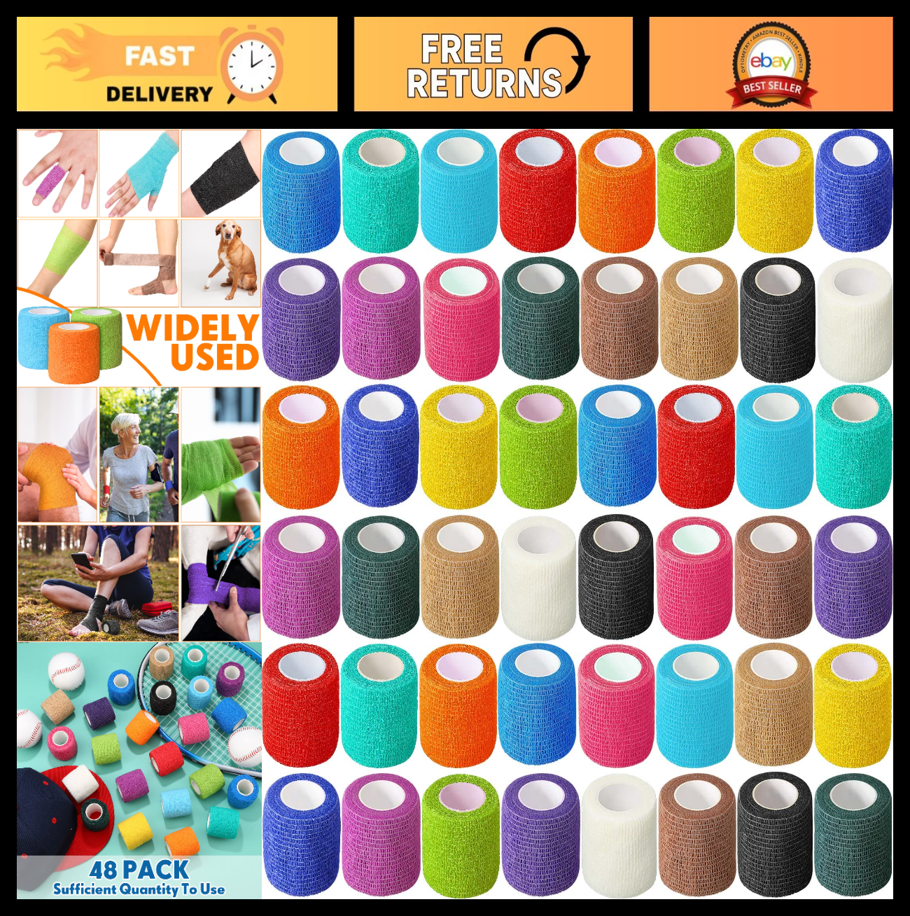 48 Pack Self Adhesive Wrap Bandage 2" x 5 Yards   Elastic Cohesive Tape for Spor0
