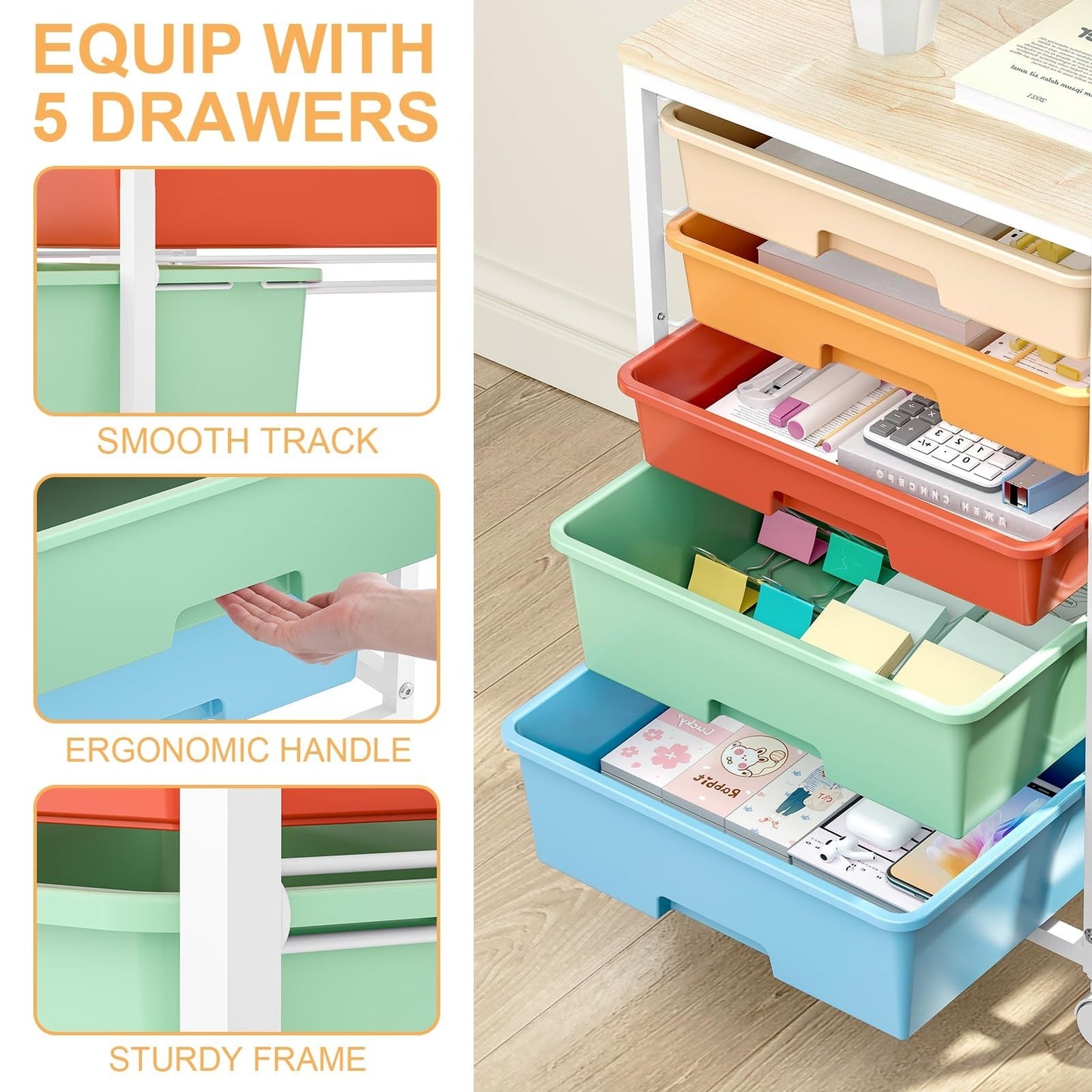 5 Drawer Utility Cart with Wooden Top, Lockable Wheels, Rolling Craft Organizer2