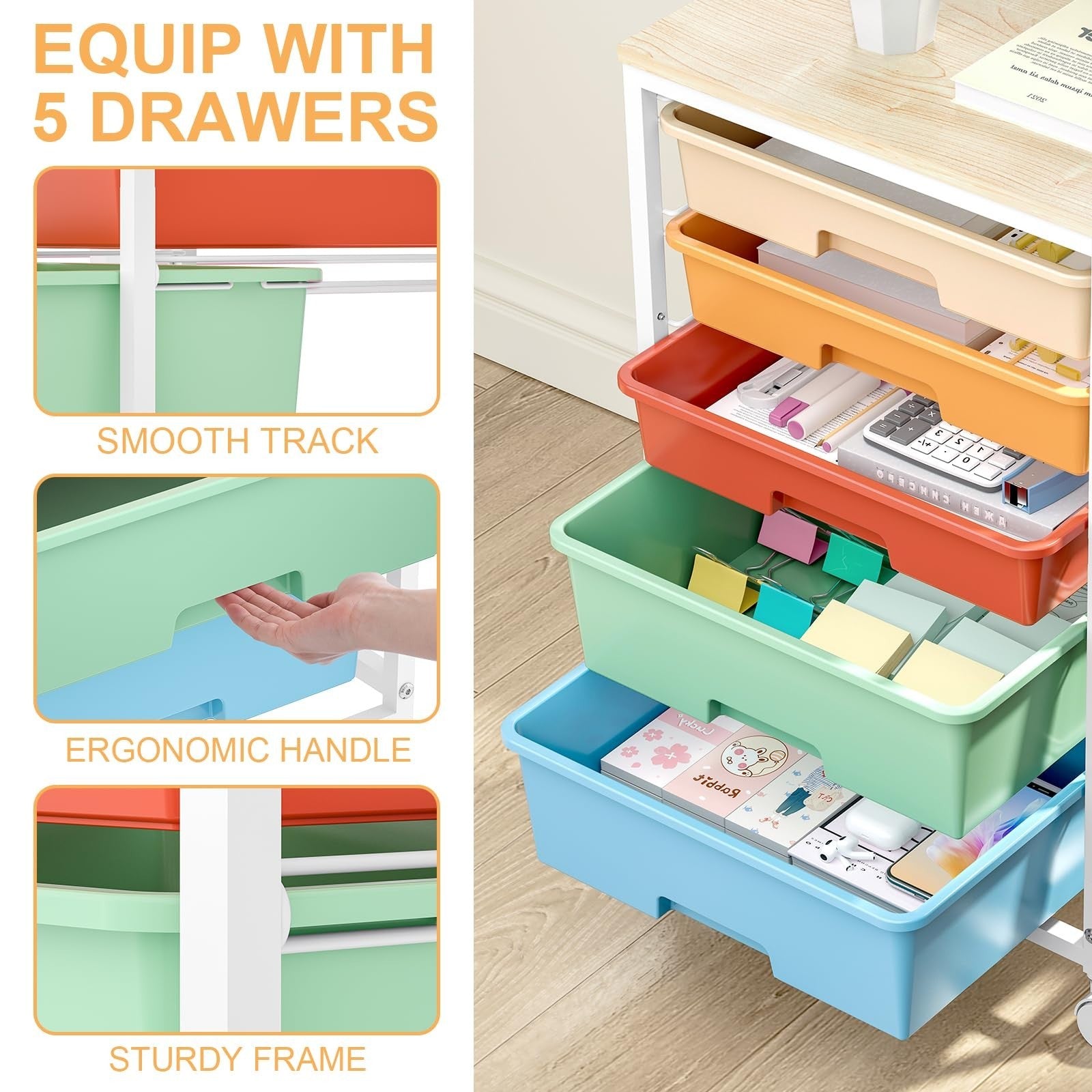 5 Drawer Utility Cart with Wooden Top, Lockable Wheels, Rolling Craft Organizer2