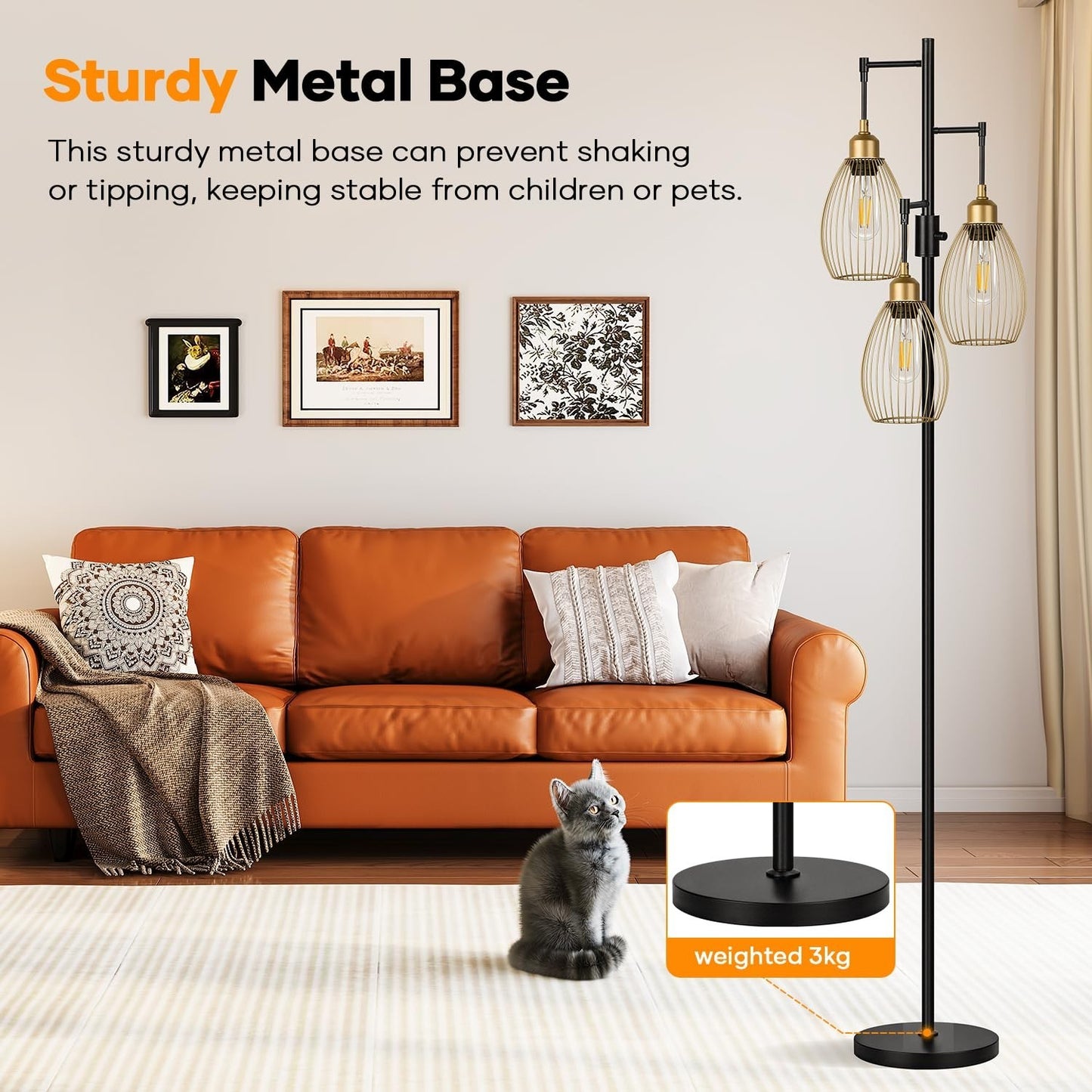 Dimmable Floor Lamp with 3 LED Bulbs, Industrial Tree Design, Tall Standing Ligh5