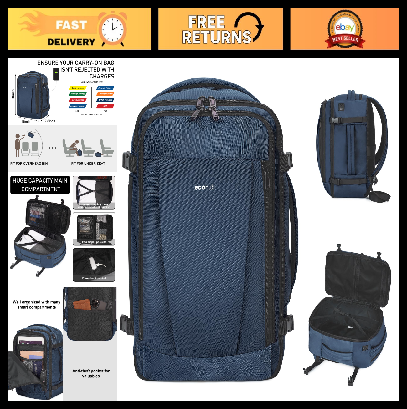 Large Waterproof Travel Backpack with Charging Port   Airline Approved Carry On0