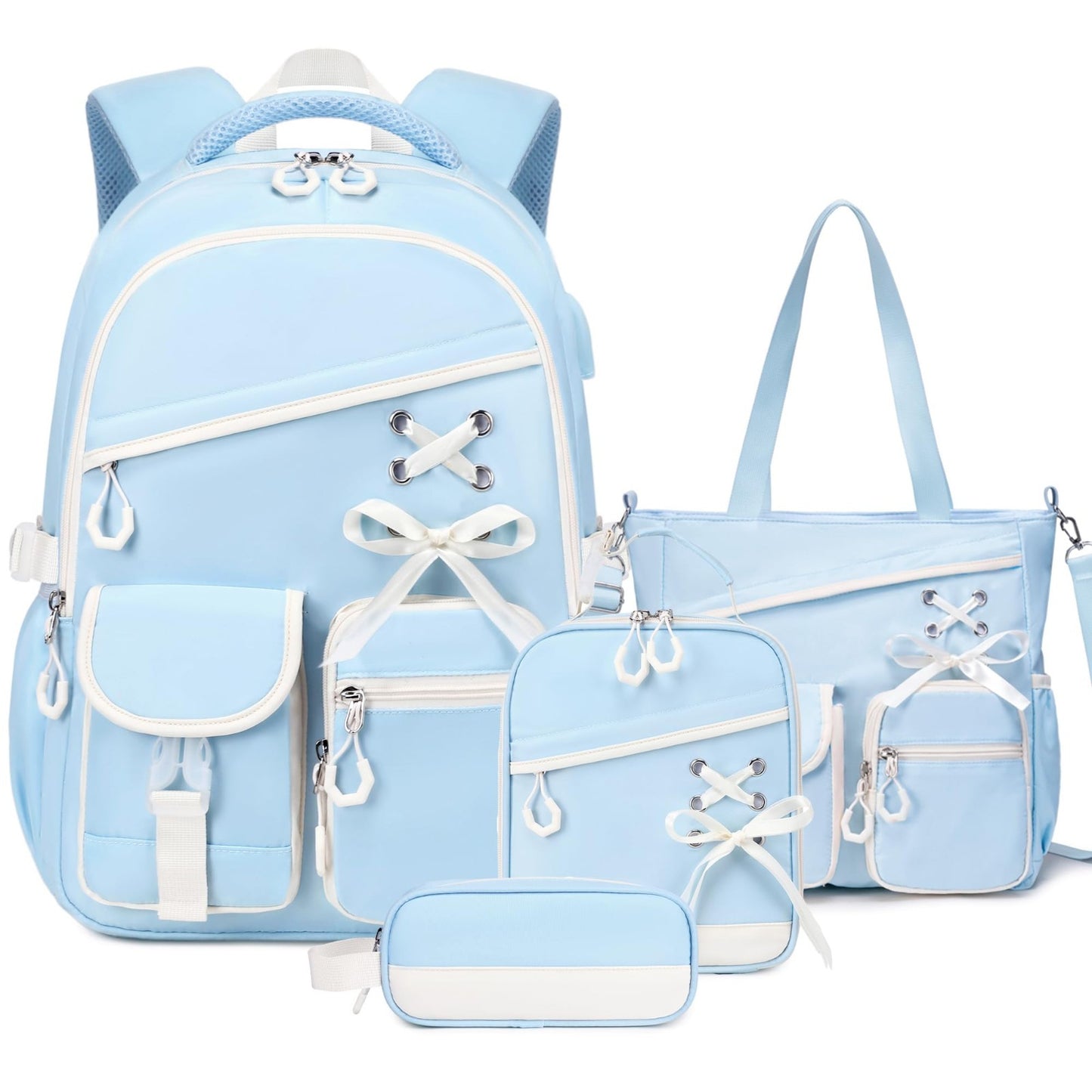 4PCS Girls Backpack Set with Tote Bag, Lunch Bag & Pencil Pouch   Stylish & Func1