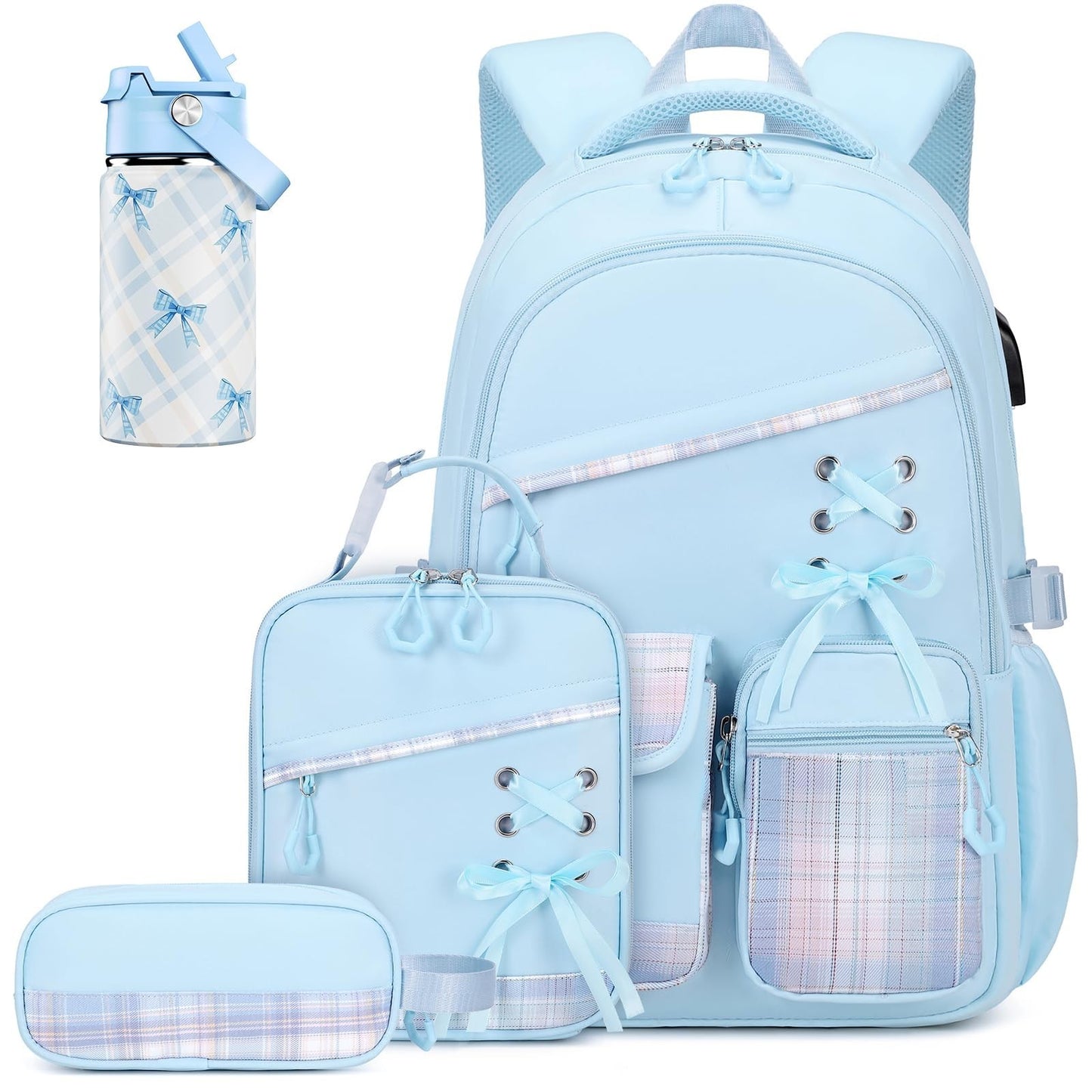 Girls Backpack Set with Insulated Water Bottle, Lunch Bag & Pencil Pouch   Plaid0