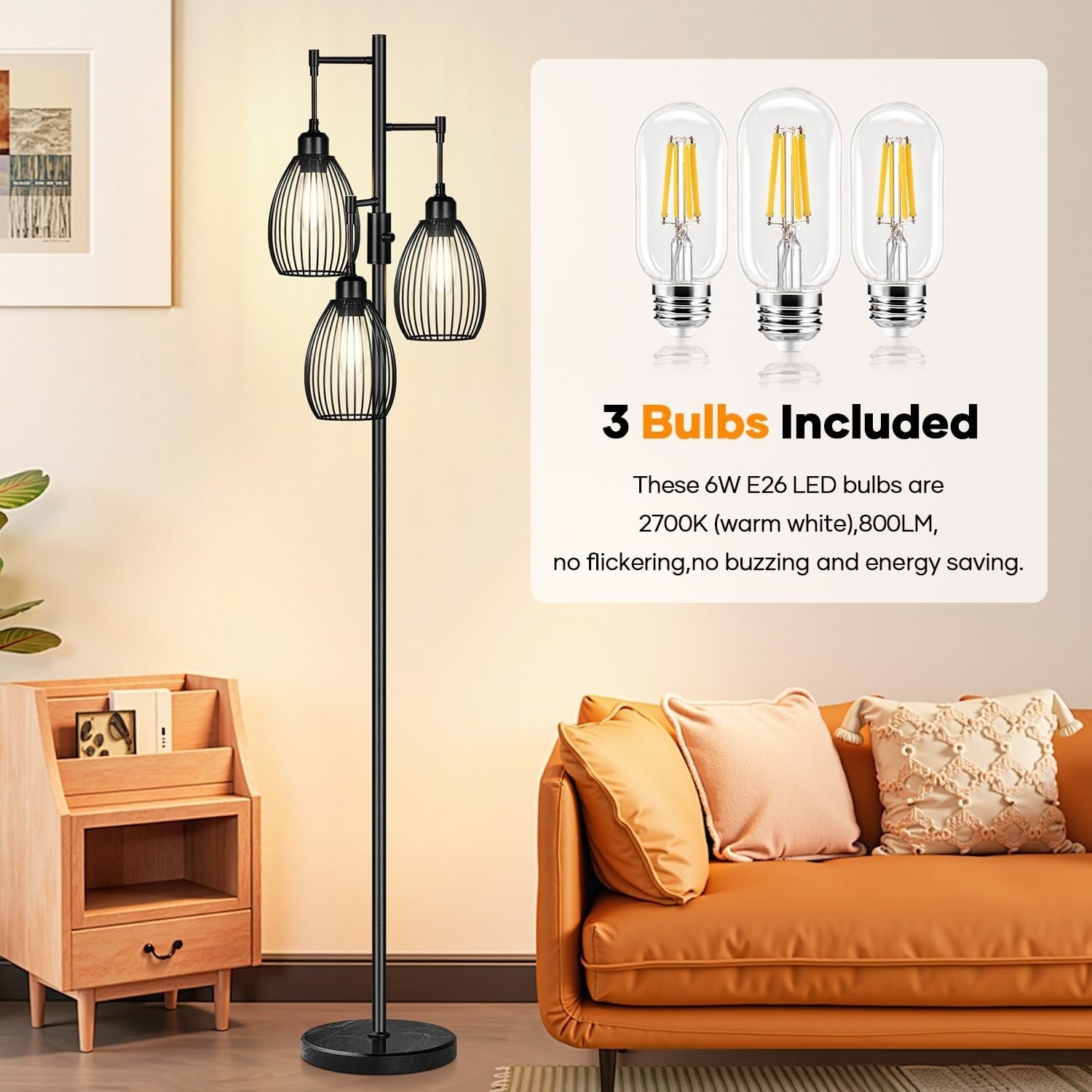 Dimmable Standing Floor Lamp with 3 LED Bulbs, Industrial Farmhouse Design, Tall3