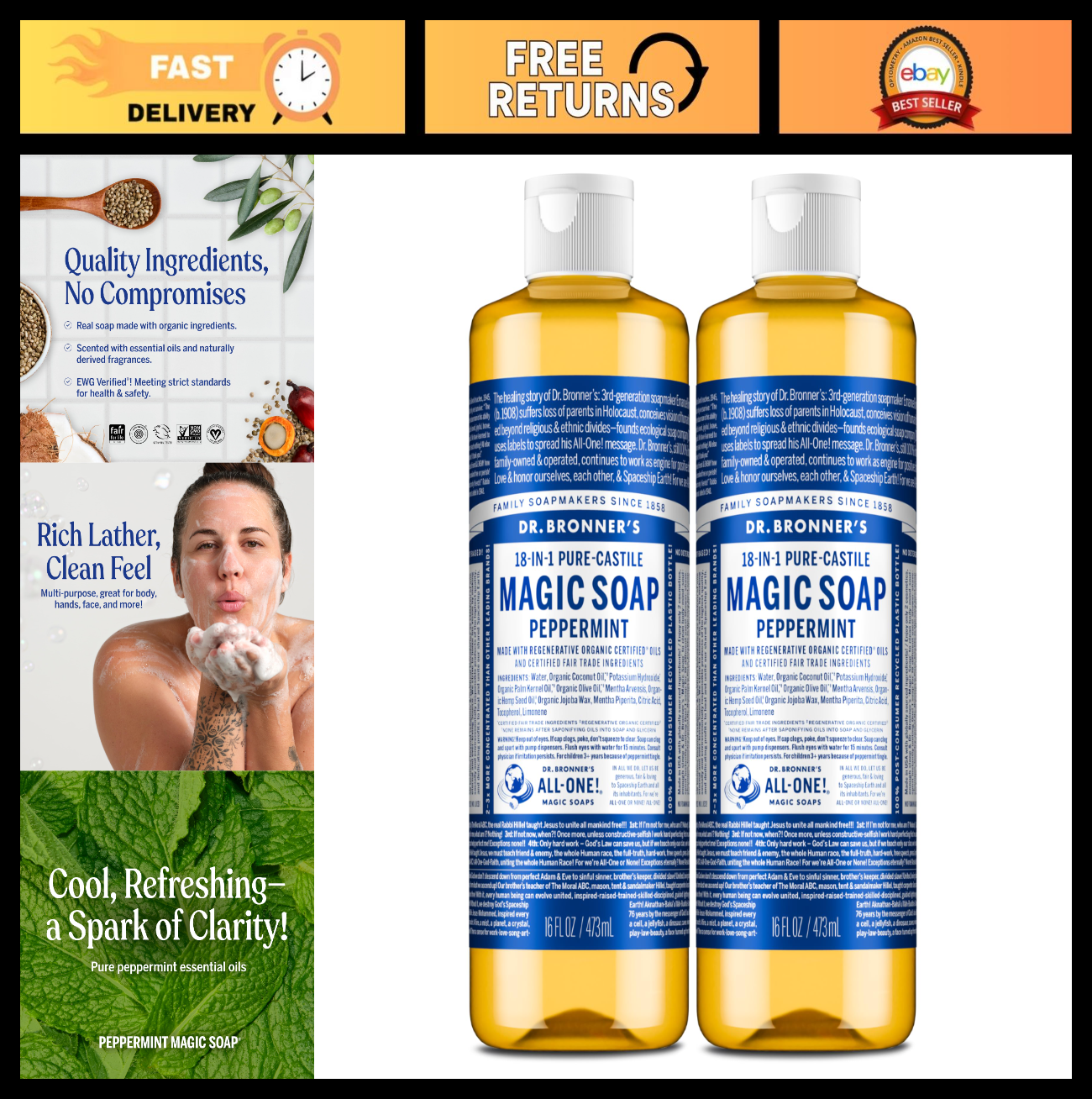 Peppermint Pure-Castile Liquid Soap 16 oz 2-Pack | 18-in-1 Uses: Body Wash, Sham0