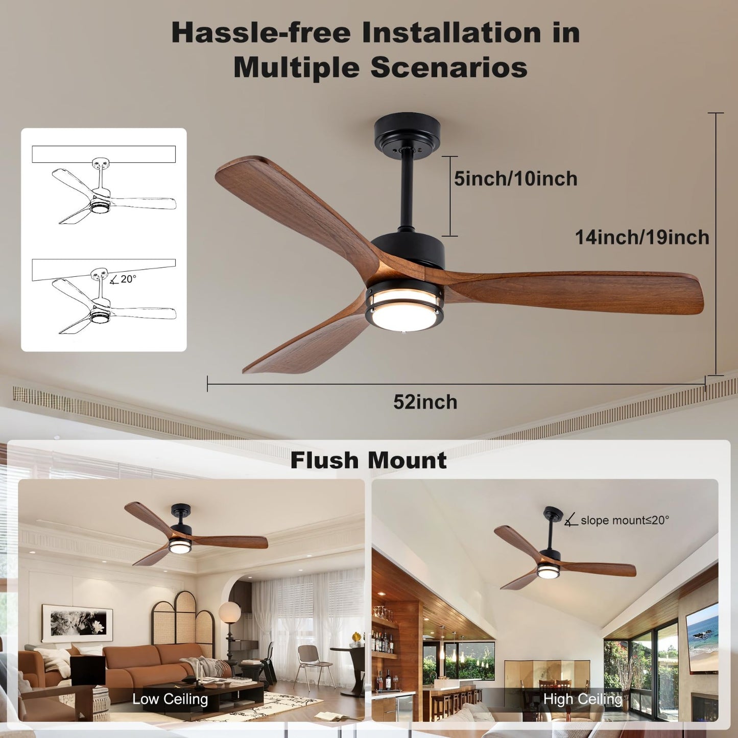 52” Outdoor Ceiling Fan with Light, Walnut Blades, Remote Control, Dimmable LED,6