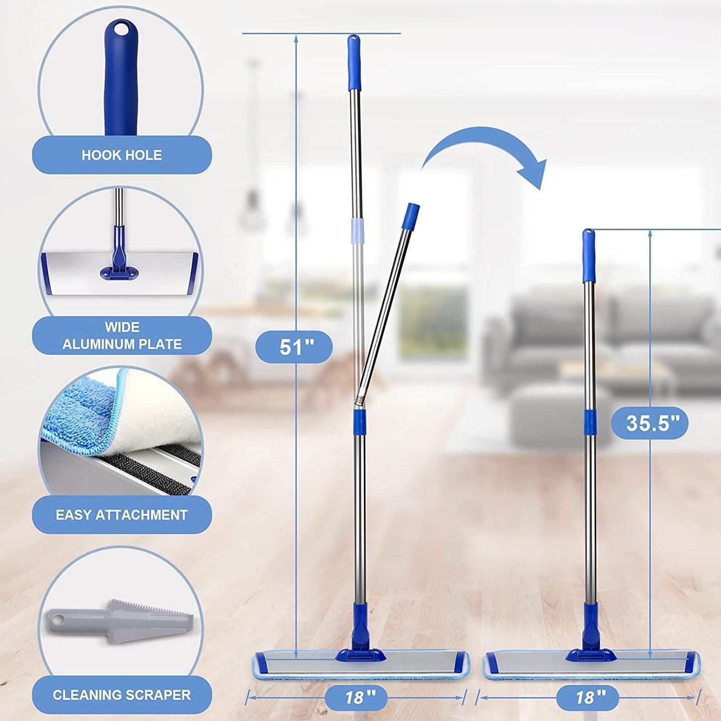 18" Microfiber Floor Mop with Stainless Steel Handle, 4 Washable Pads & Brush3